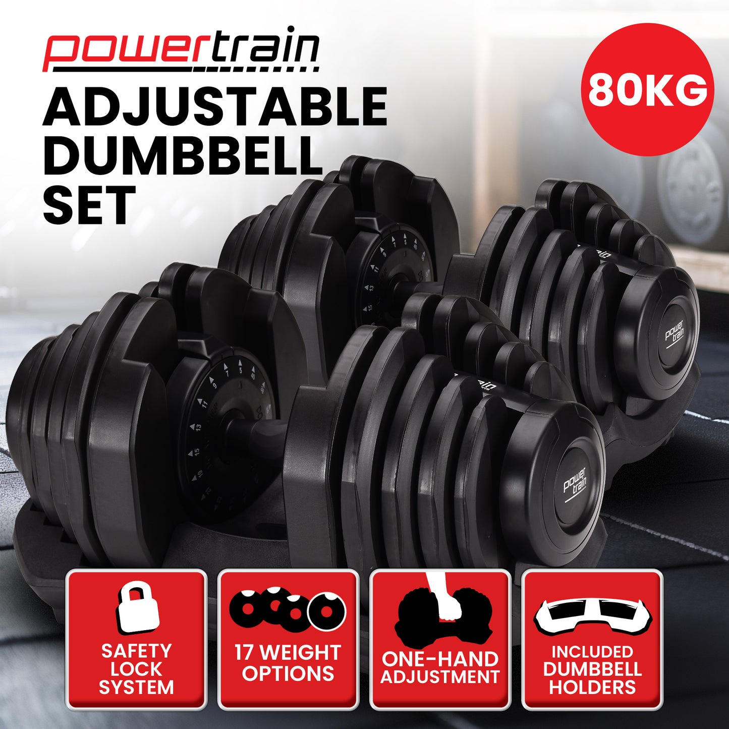 Powertrain 2x 40kg Adjustable Dumbbell Home Gym Exercise Equipment Free Weights