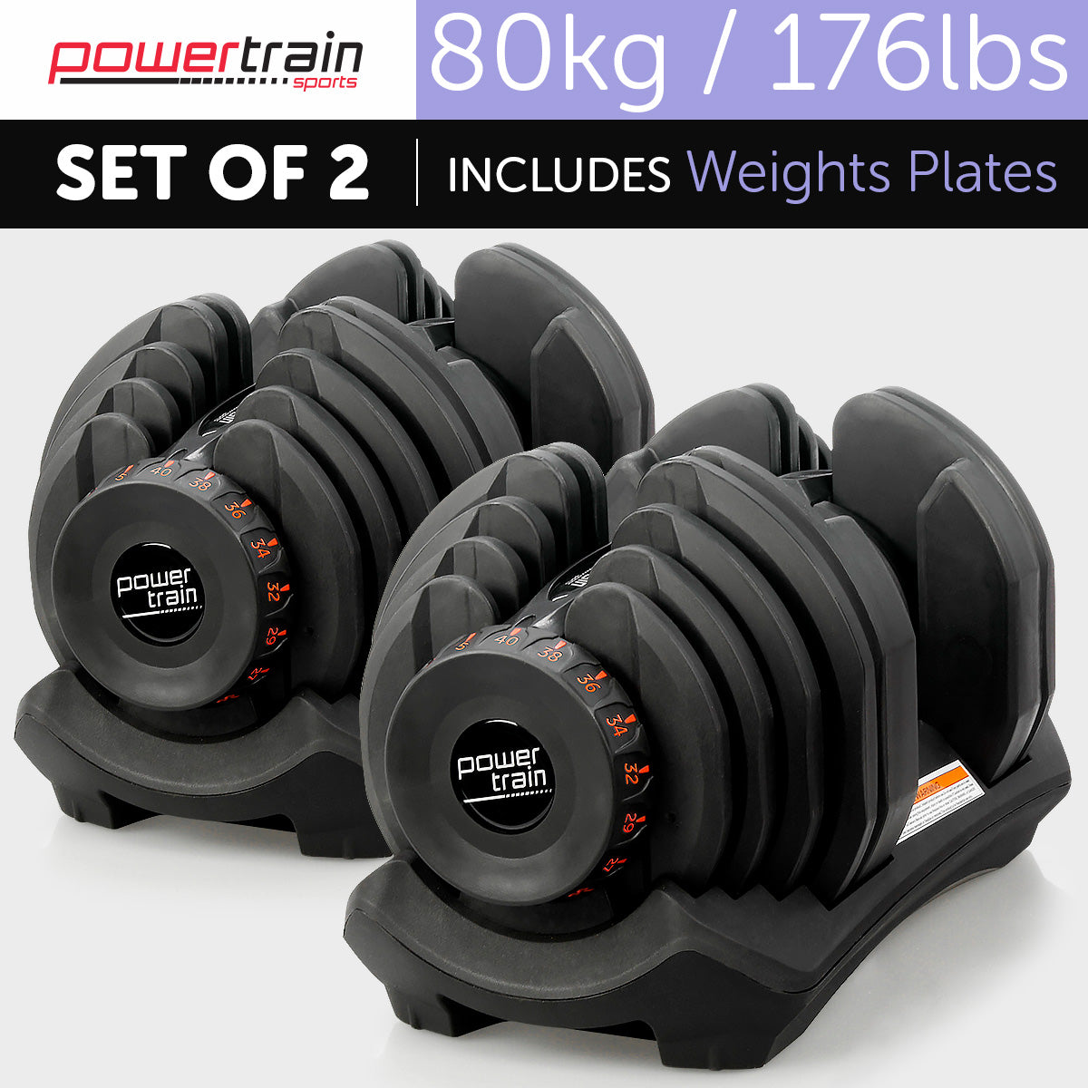 2x 40kg Powertrain Adjustable Dumbbells Home Gym Set