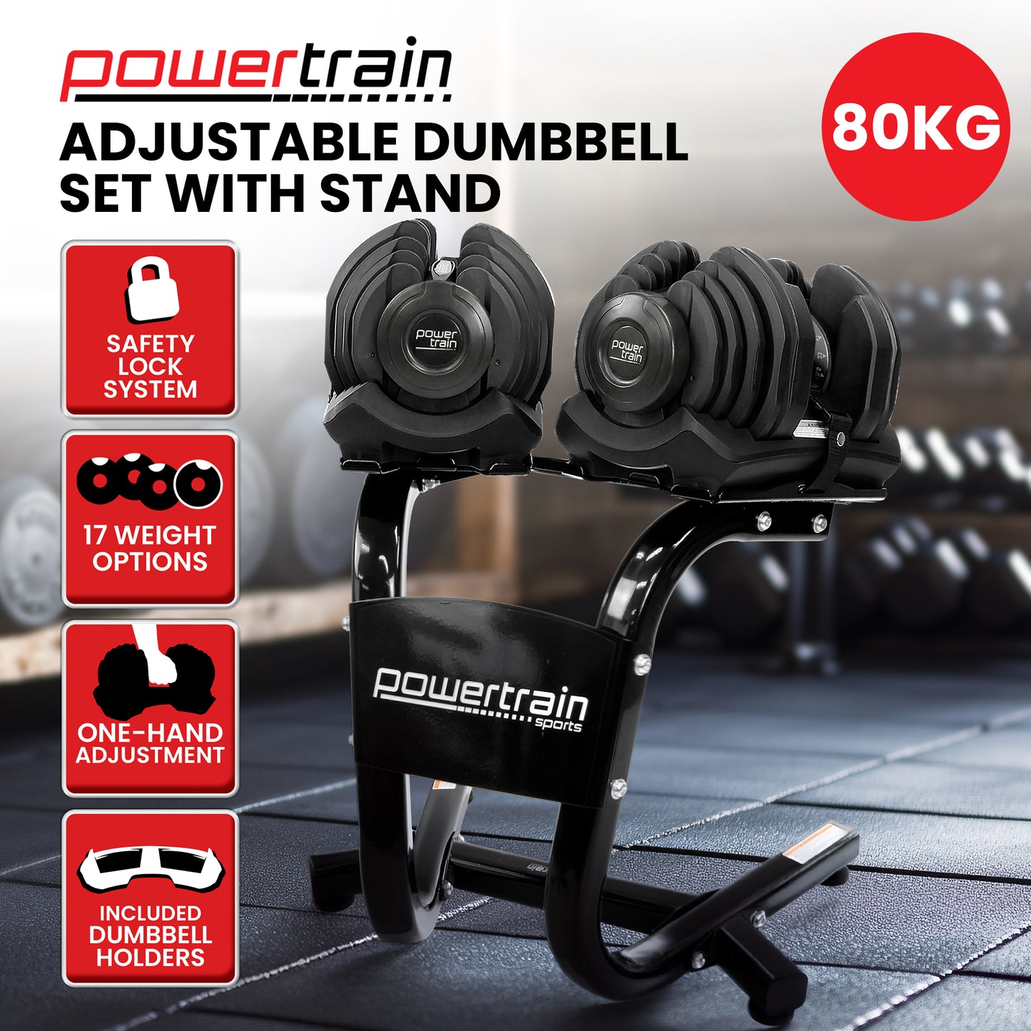 Powertrain 80kg Adjustable Dumbbell Set W Stand Home Gym Exercise Free Weights