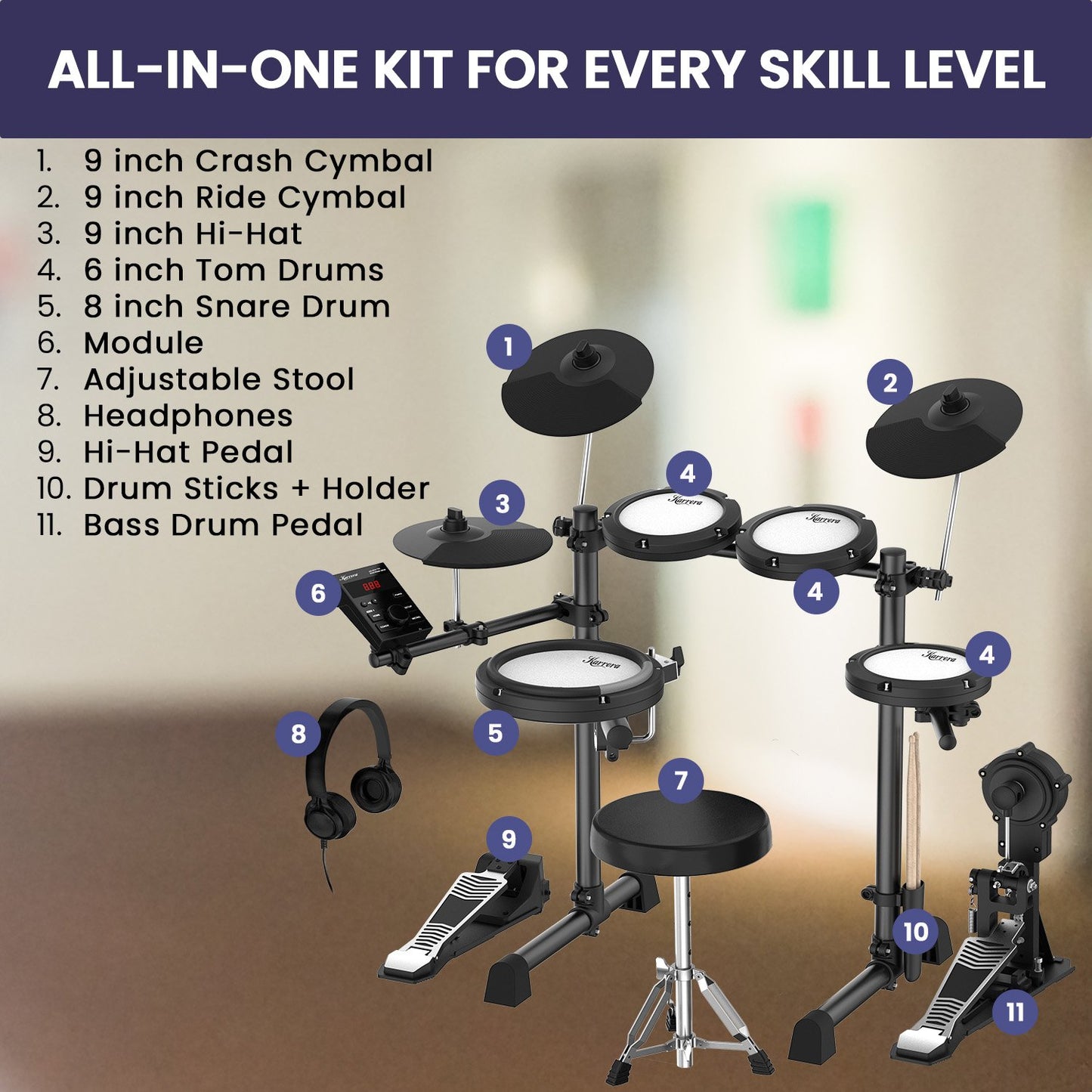 Karrera 18S Electronic Drum Kit Mesh Pads 8in Snare Bluetooth Sounds USB/MIDI Output Kick Pedals Drum Coach & Metronome