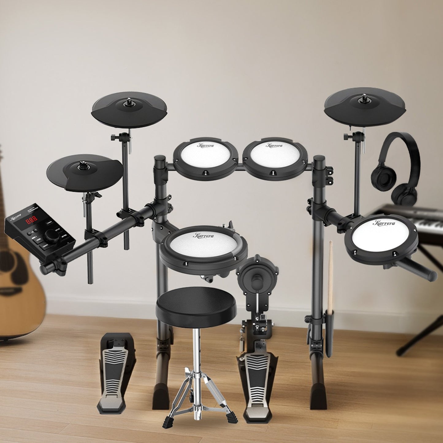 Karrera 18S Electronic Drum Kit Mesh Pads 8in Snare Bluetooth Sounds USB/MIDI Output Kick Pedals Drum Coach & Metronome