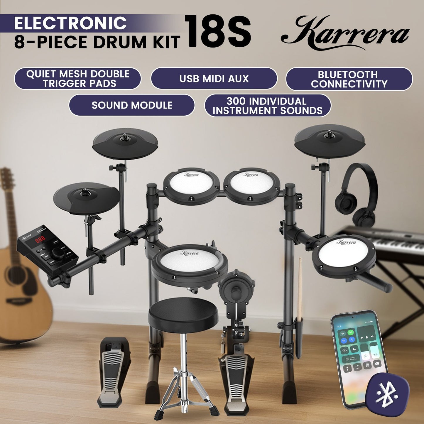 Karrera 18S Electronic Drum Kit Mesh Pads 8in Snare Bluetooth Sounds USB/MIDI Output Kick Pedals Drum Coach & Metronome
