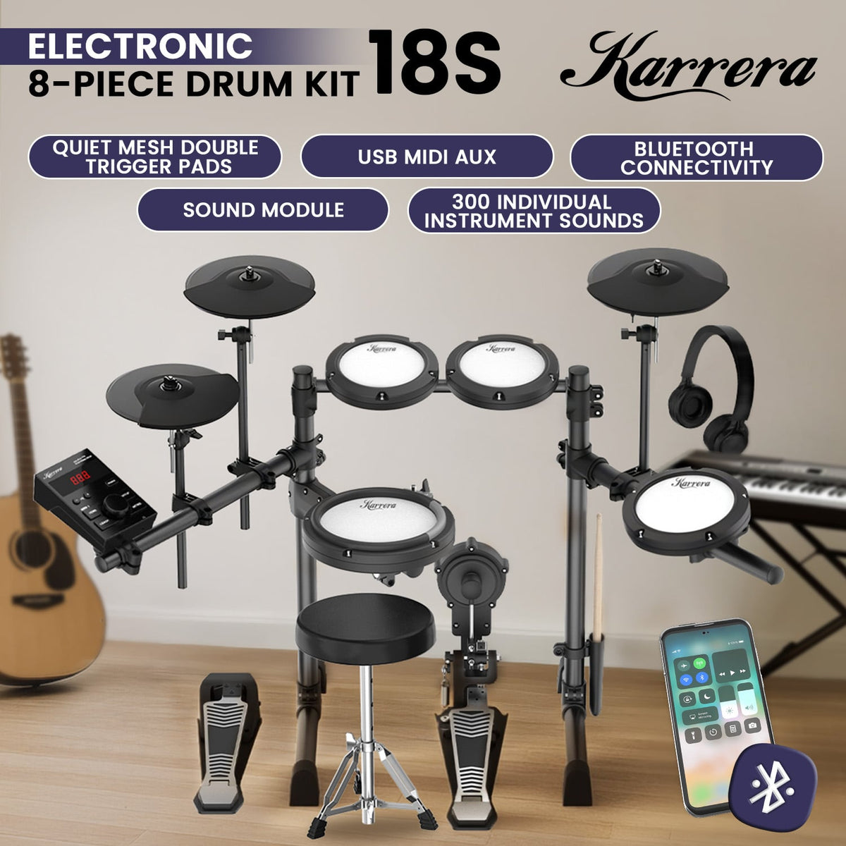 Karrera 18S Electronic Drum Kit with Mesh Pads 8in Bluetooth USB/MIDI Drum Coach Metronome Kick Pedal & Choke Cymbals