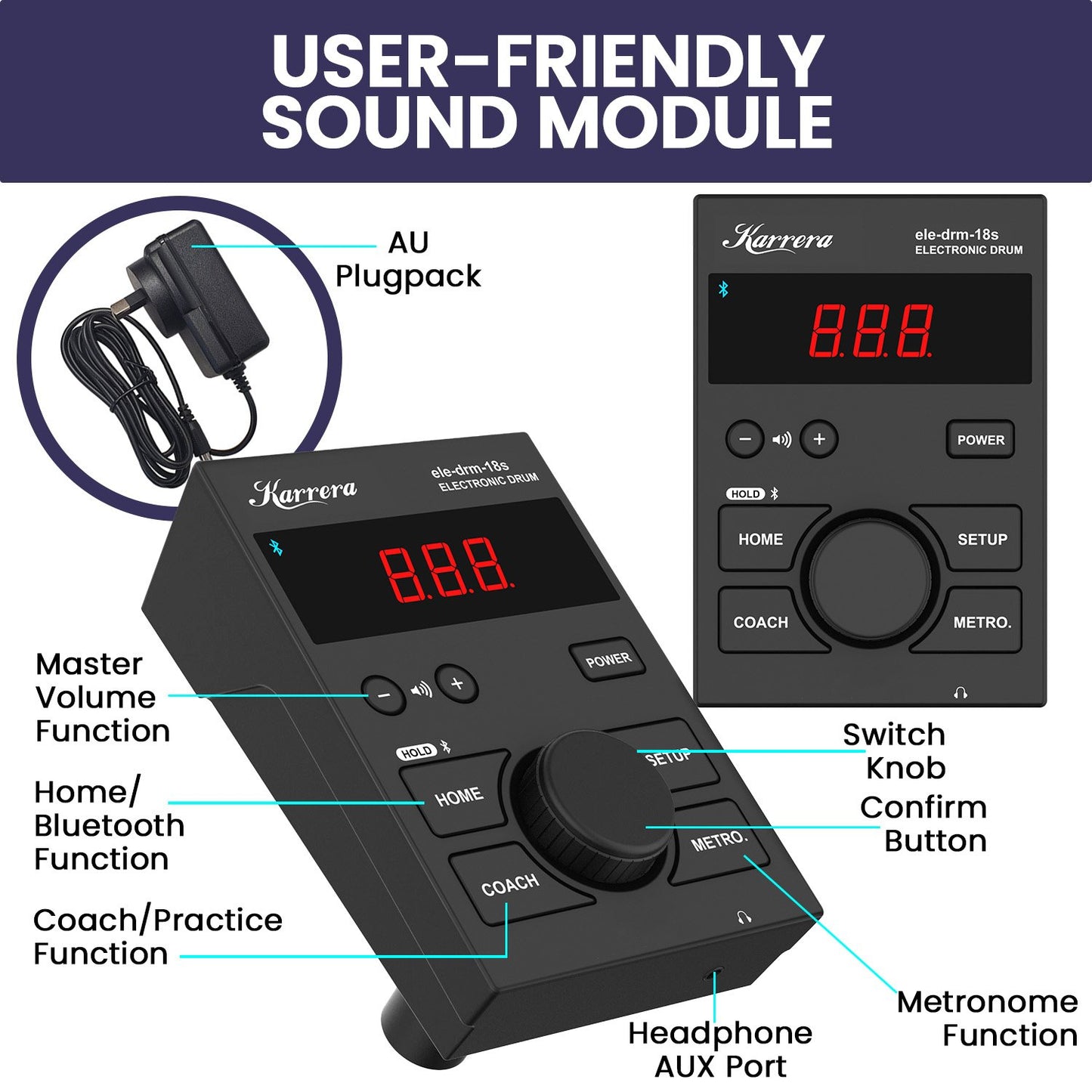 Karrera 18S Electronic Drum Kit Mesh Pads 8in Snare Bluetooth Sounds USB/MIDI Output Kick Pedals Drum Coach & Metronome