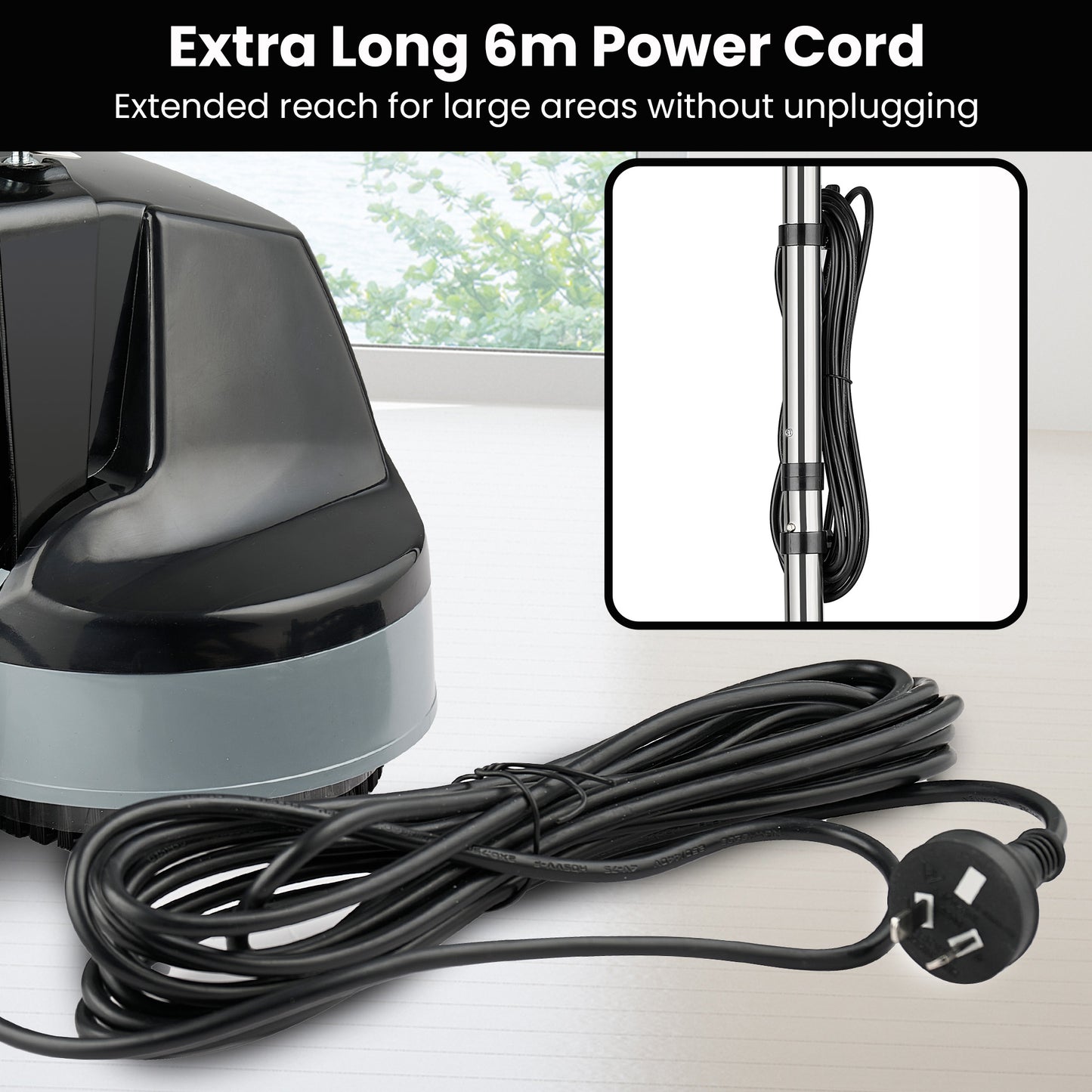 Hauskeeper GEN2 5 in 1 Electric Floor Polisher 6M Power Cable Timber Hard Waxer Buffer Cleaner Black 240V