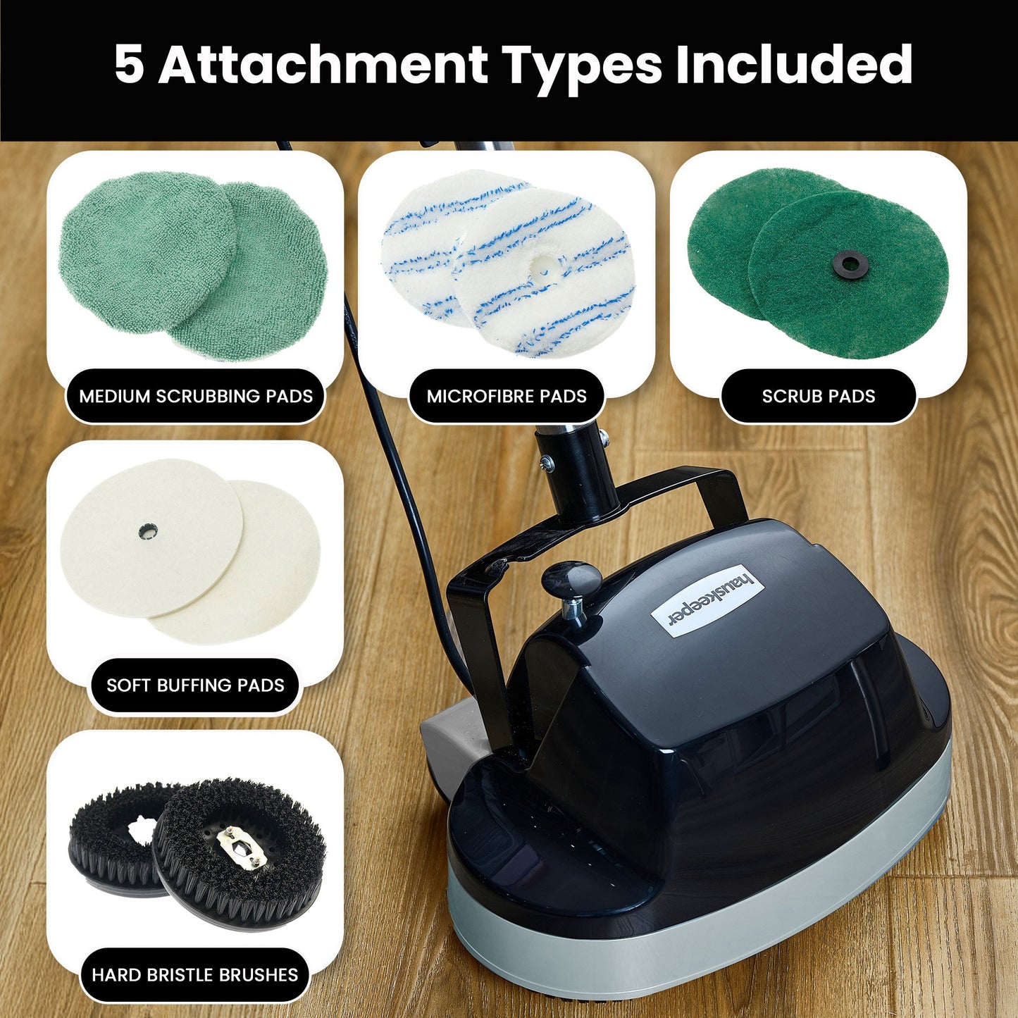 GEN2 Hauskeeper 5 in 1 Electric Floor Polisher 6M Power Cable Timber Hard Waxer Buffer Cleaner Black 240V