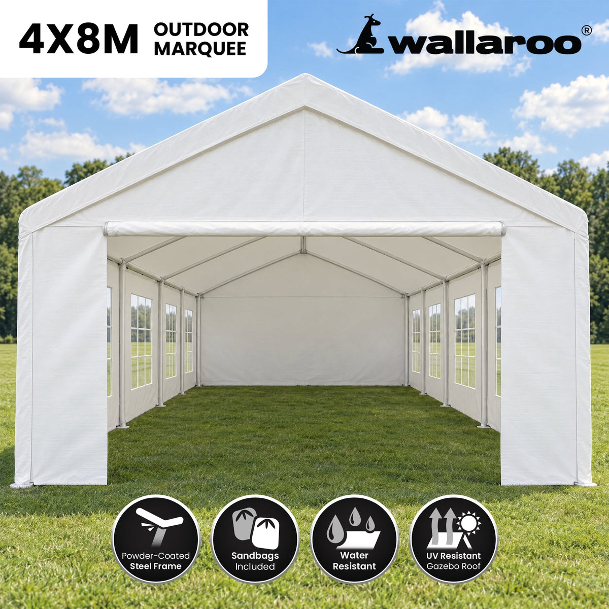 Wallaroo 4x8m Outdoor Event Marquee Party Tent Pavilion Gazebo Canopy with Removable Sidewalls & Zip Door - White