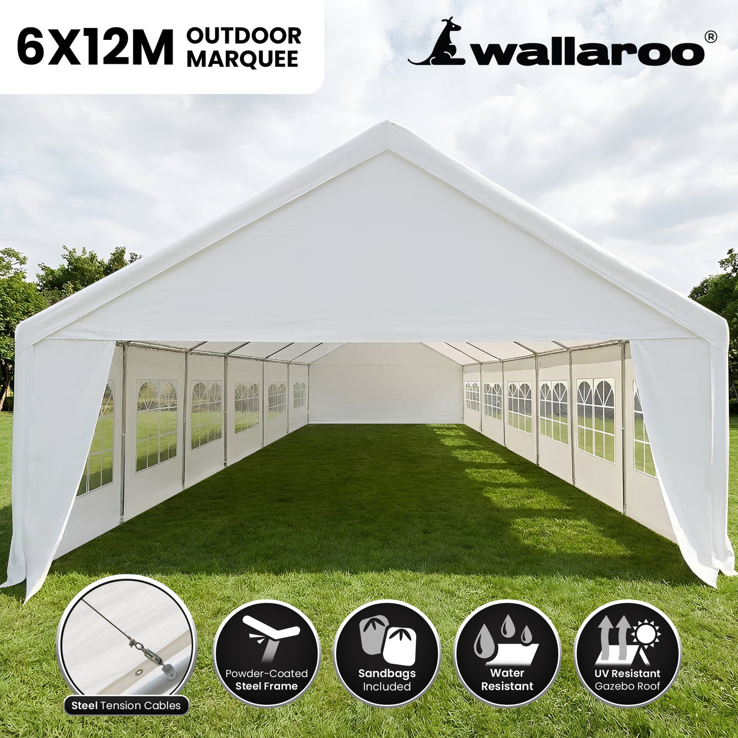 Wallaroo 12m x 6m Outdoor Event Gazebo Party Tent Marquee Wedding Canopy Shade - White