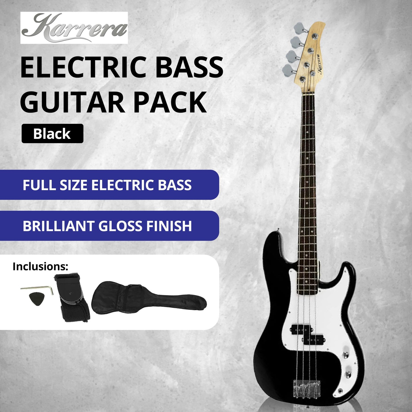 Karrera 39in Electric Guitar Bass Tuner Music 4-String Instrument Full Size Black
