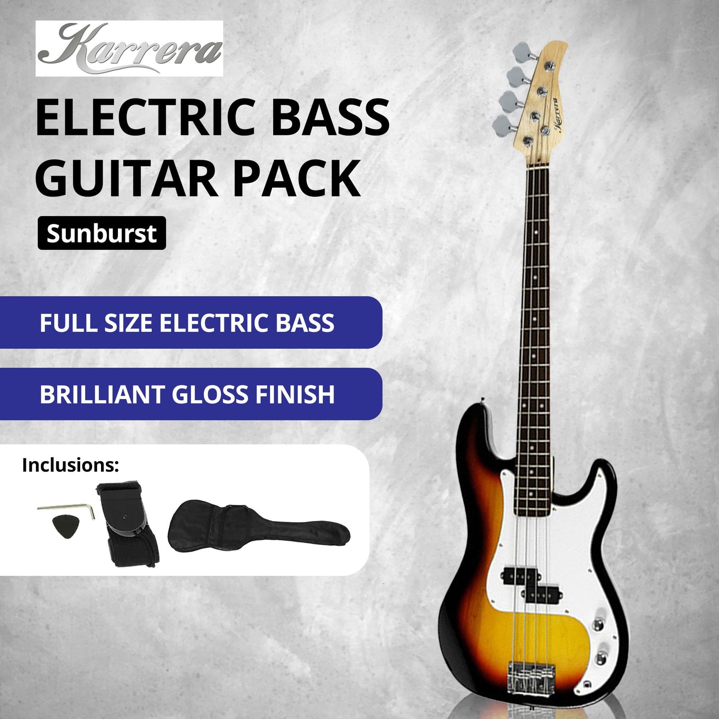 Karrera 39in Electric Guitar Bass Tuner Music 4-String Instrument Full Size Sunburst