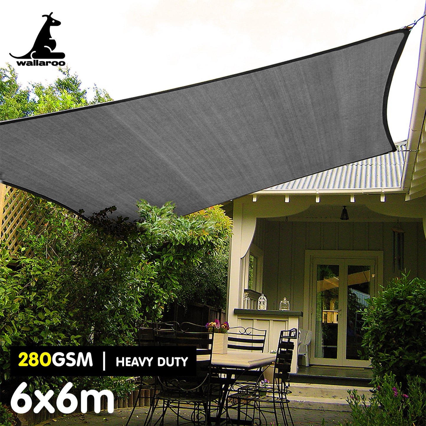 Wallaroo 280GSM Outdoor Sun Shade Sail Canopy Grey Square 6m x 6m