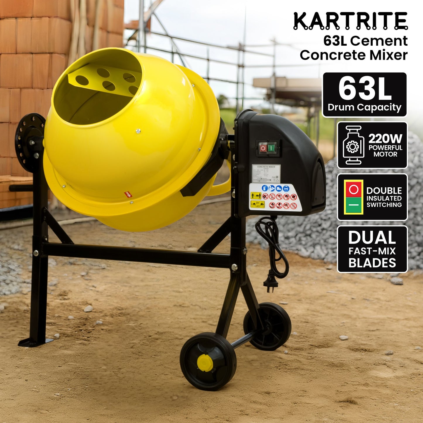 Kartrite Cement Concrete Mixer 63L Sand Gravel Portable 220W