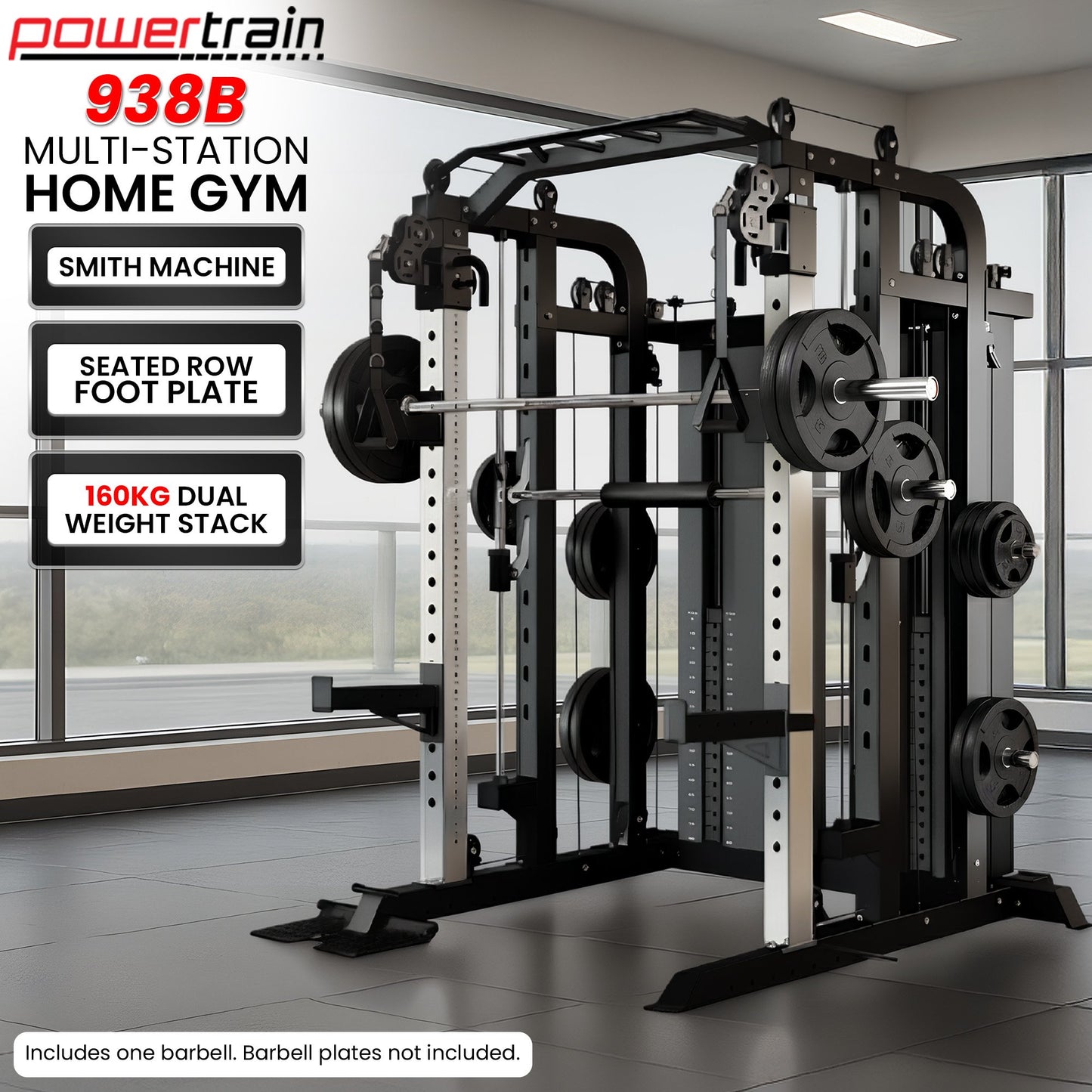 Powertrain 938B Multi-Function Smith Machine Gym Station 160KG Dual Weight Stack Power Rack Cable Heavy-Duty Steel Frame