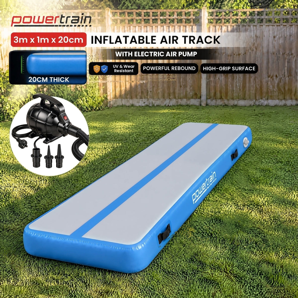 Powertrain 3m x 1m Inflatable Air Track 20cm Thick Gymnastics Exercise Tumbling Mat in Blue with Electric Pump