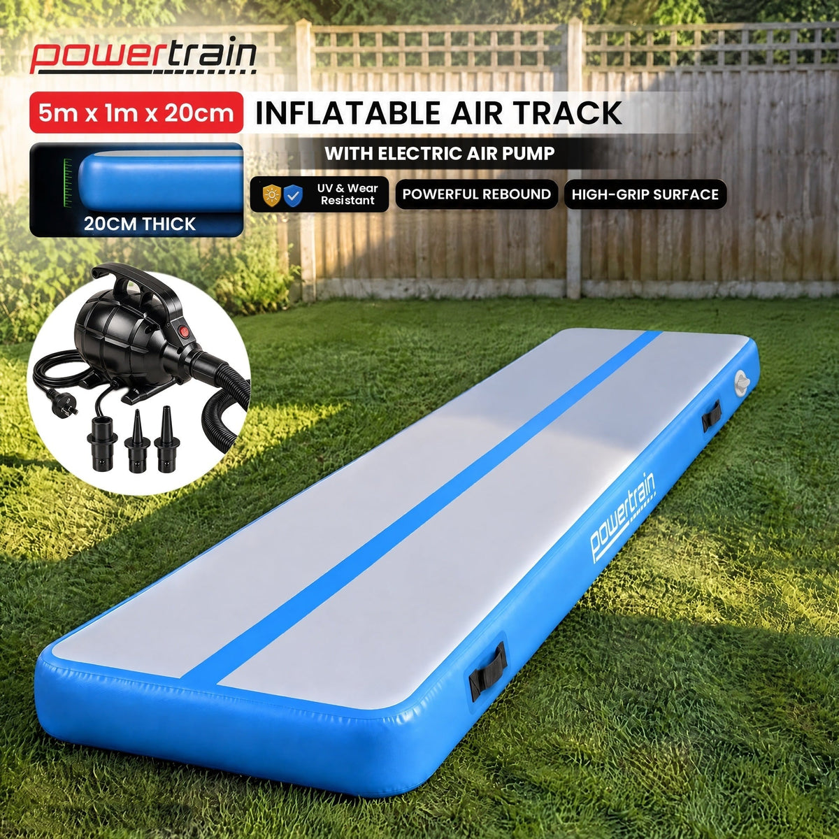 Powertrain 5m x 1m Inflatable Air Track 20cm Thick Gymnastics Exercise Tumbling Mat in Blue with Electric Pump