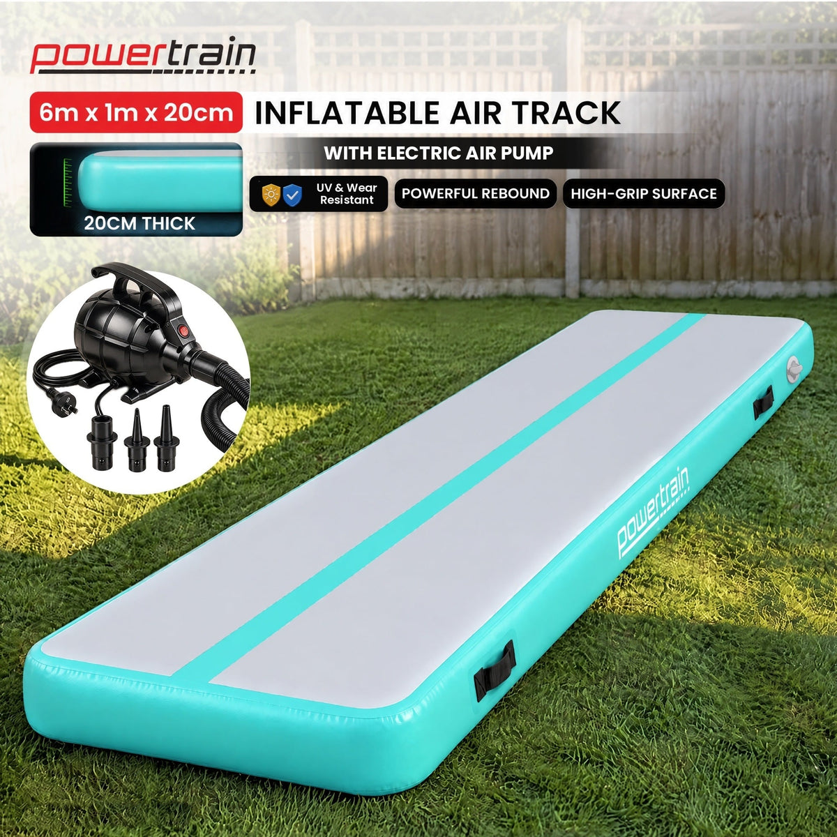 Powertrain 6m x 1m Inflatable Air Track 20cm Thick Gymnastics Exercise Tumbling Mat in Green with Electric Pump