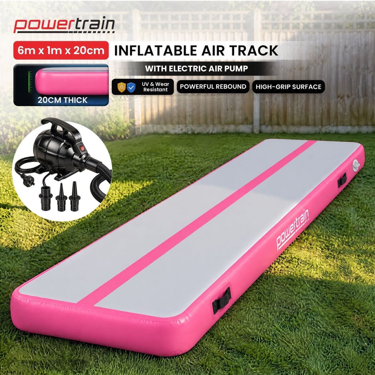 Powertrain 6m x 1m Inflatable Air Track 20cm Thick Gymnastics Exercise Tumbling Mat in Pink with Electric Pump