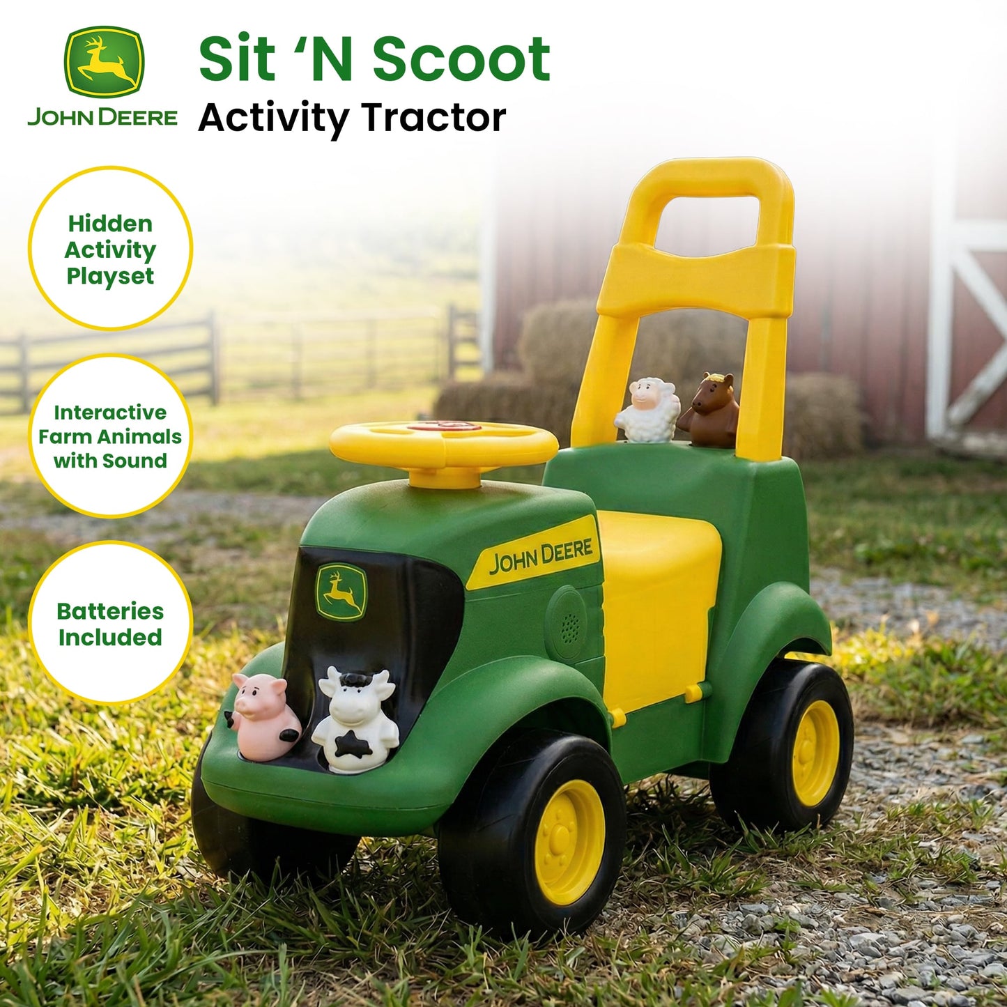 John Deere Sit N Scoot Activity Tractor Kids Ride On Toy with Sounds