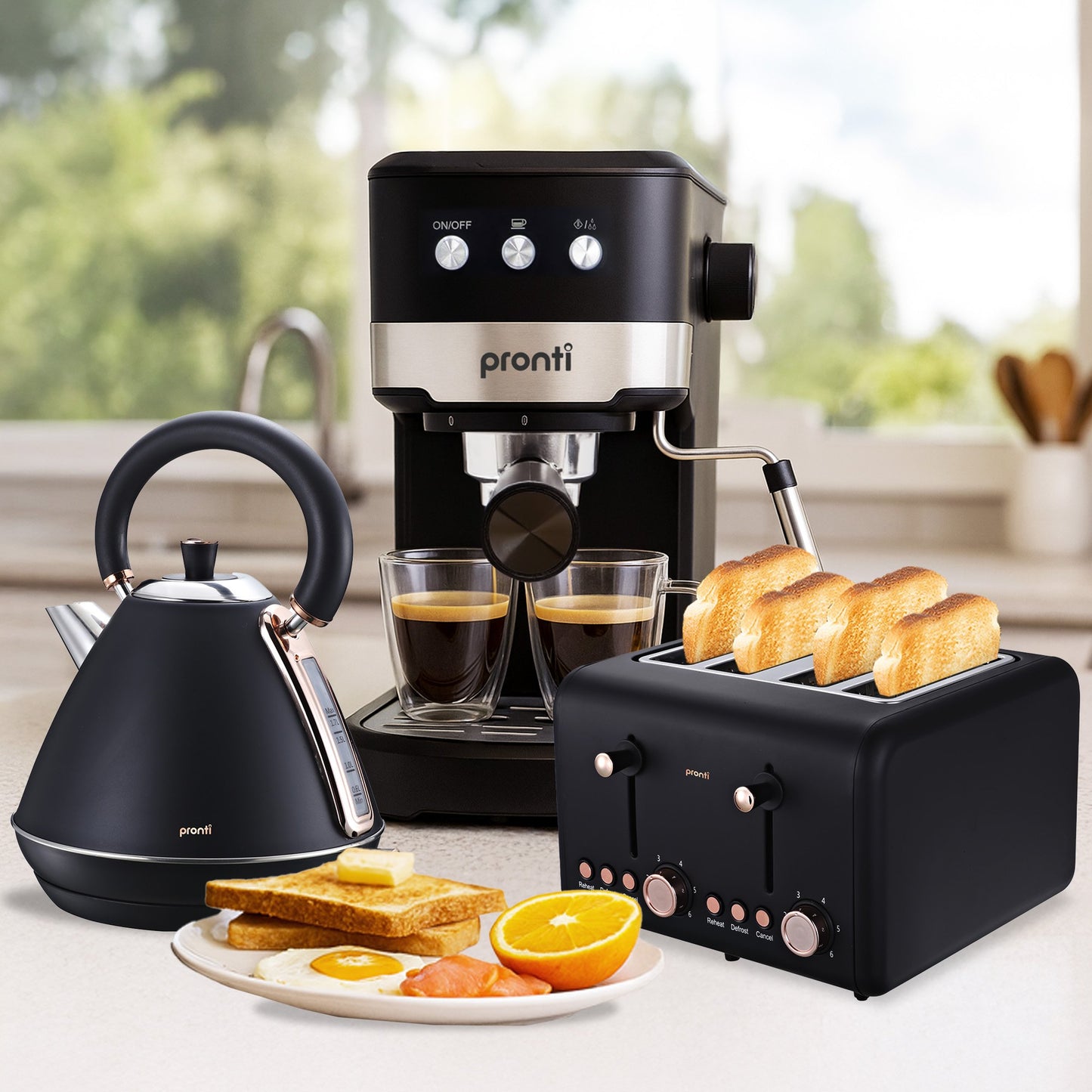Pronti Breakfast Set with Rose Gold Kettle & Toaster with 1.2L Espresso Machine - Black