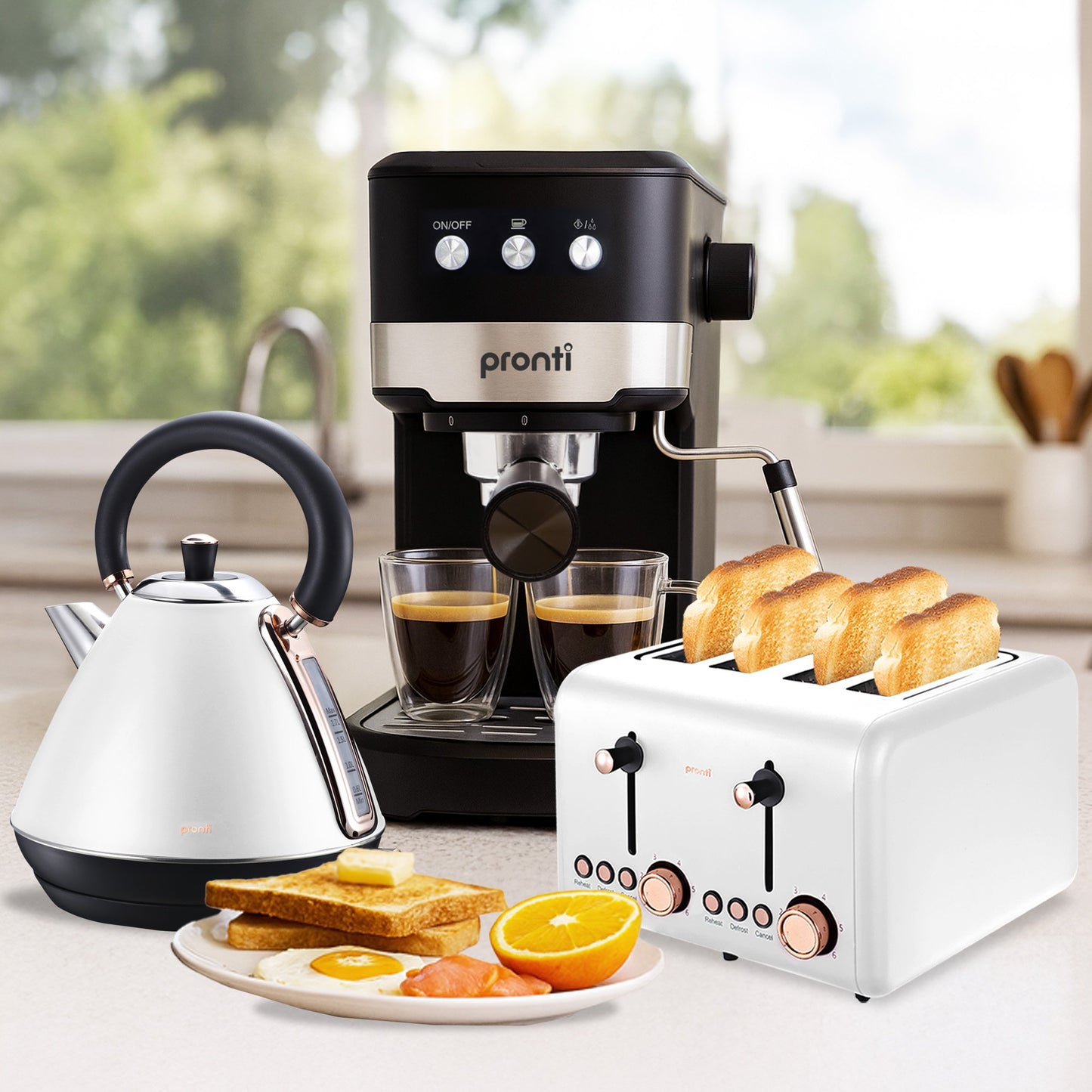 Pronti Breakfast Set with Rose Gold Kettle & Toaster with 1.25L Espresso Machine - White