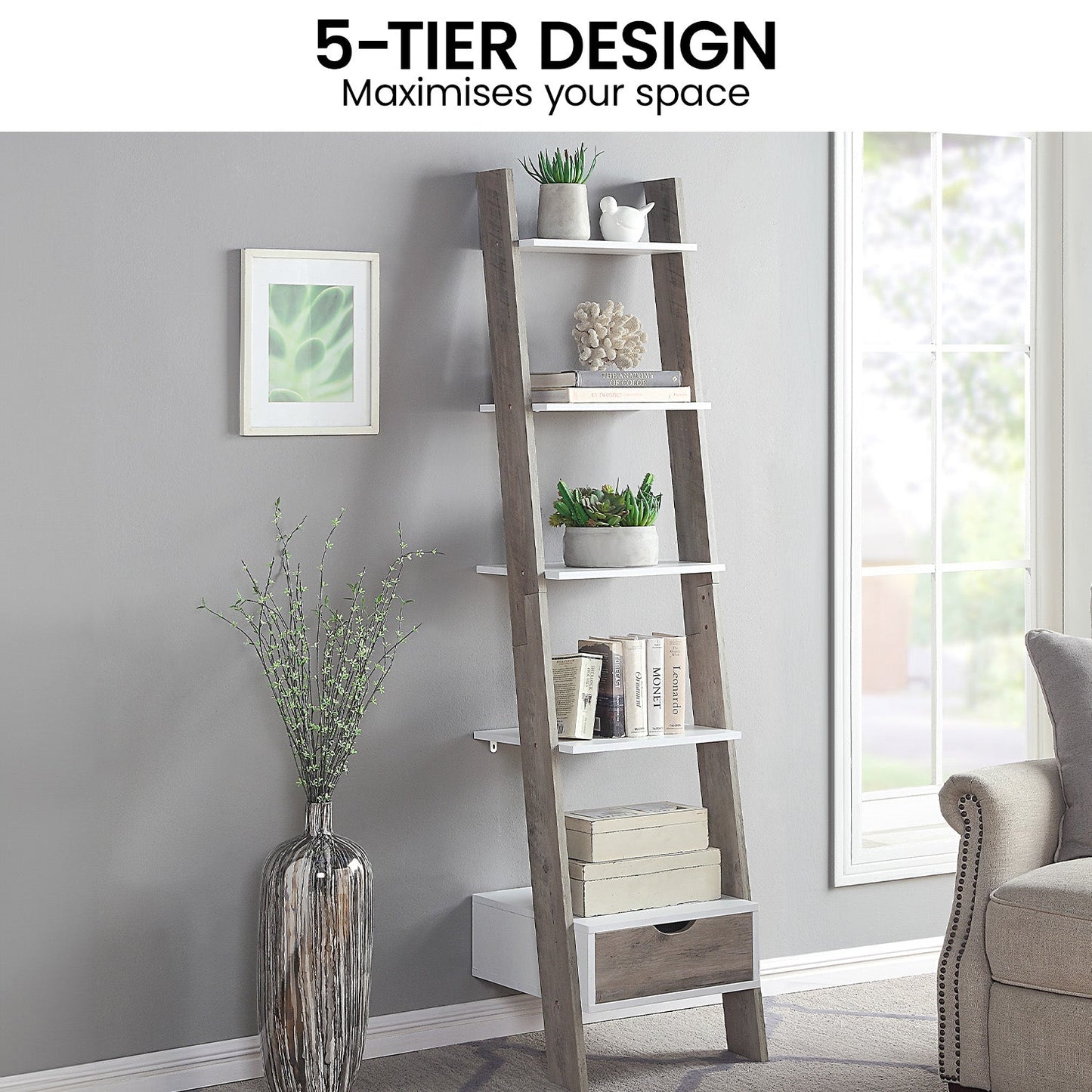 Sarantino Mira 5-Tier Ladder Shelf - White and Grey Oak