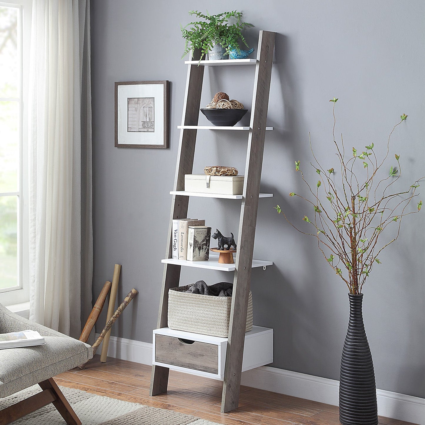 Sarantino Mira 5-Tier Ladder Shelf - White and Grey Oak