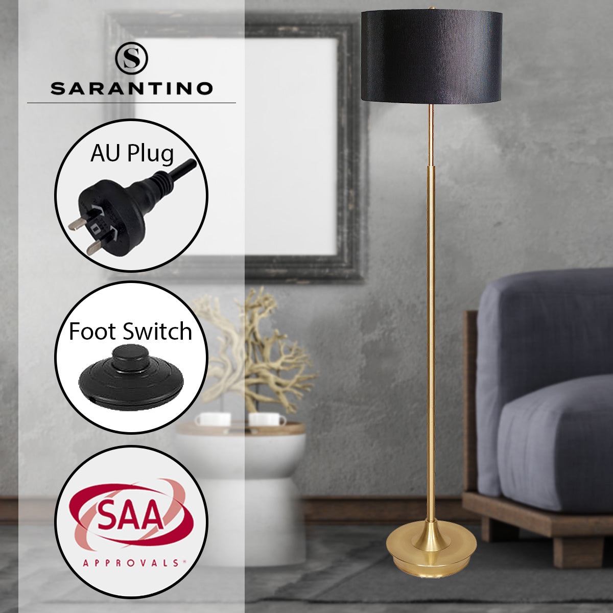 Sarantino Metal Floor Lamp Brushed Brass Finish with White Shade