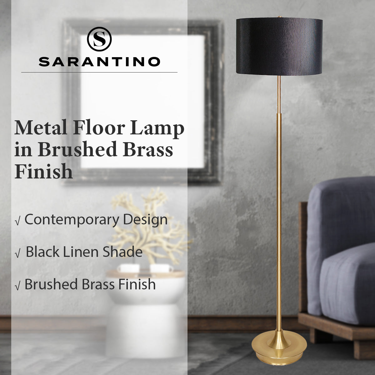 Sarantino Metal Floor Lamp Brushed Brass Finish with White Shade