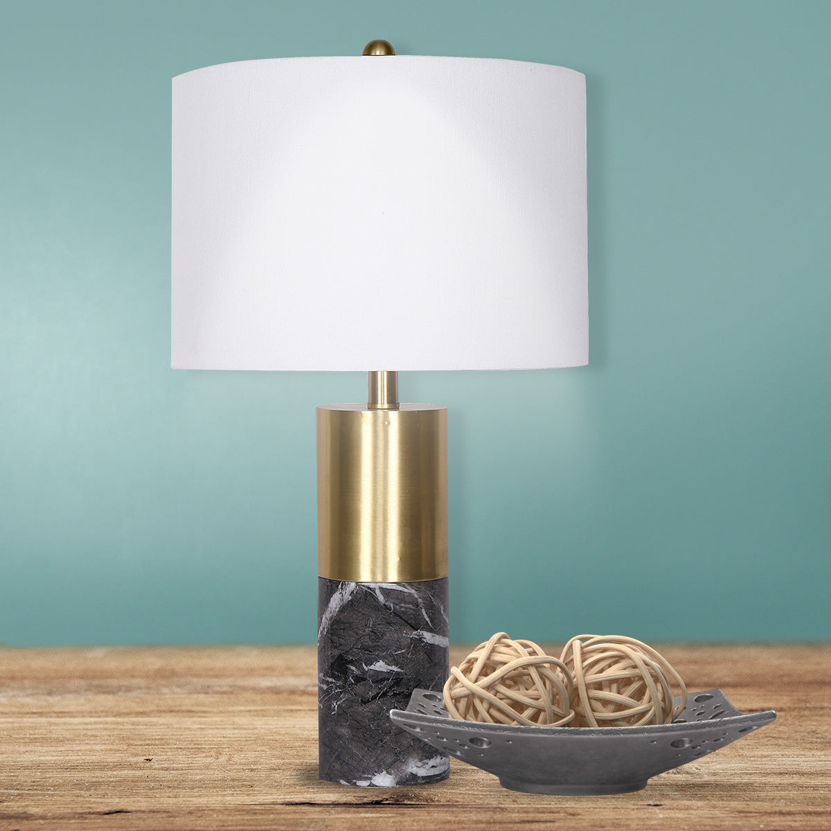 Sarantino Modern Faux Black Marble Table Lamp with Gold Brass Base & White Fabric Drum Shade