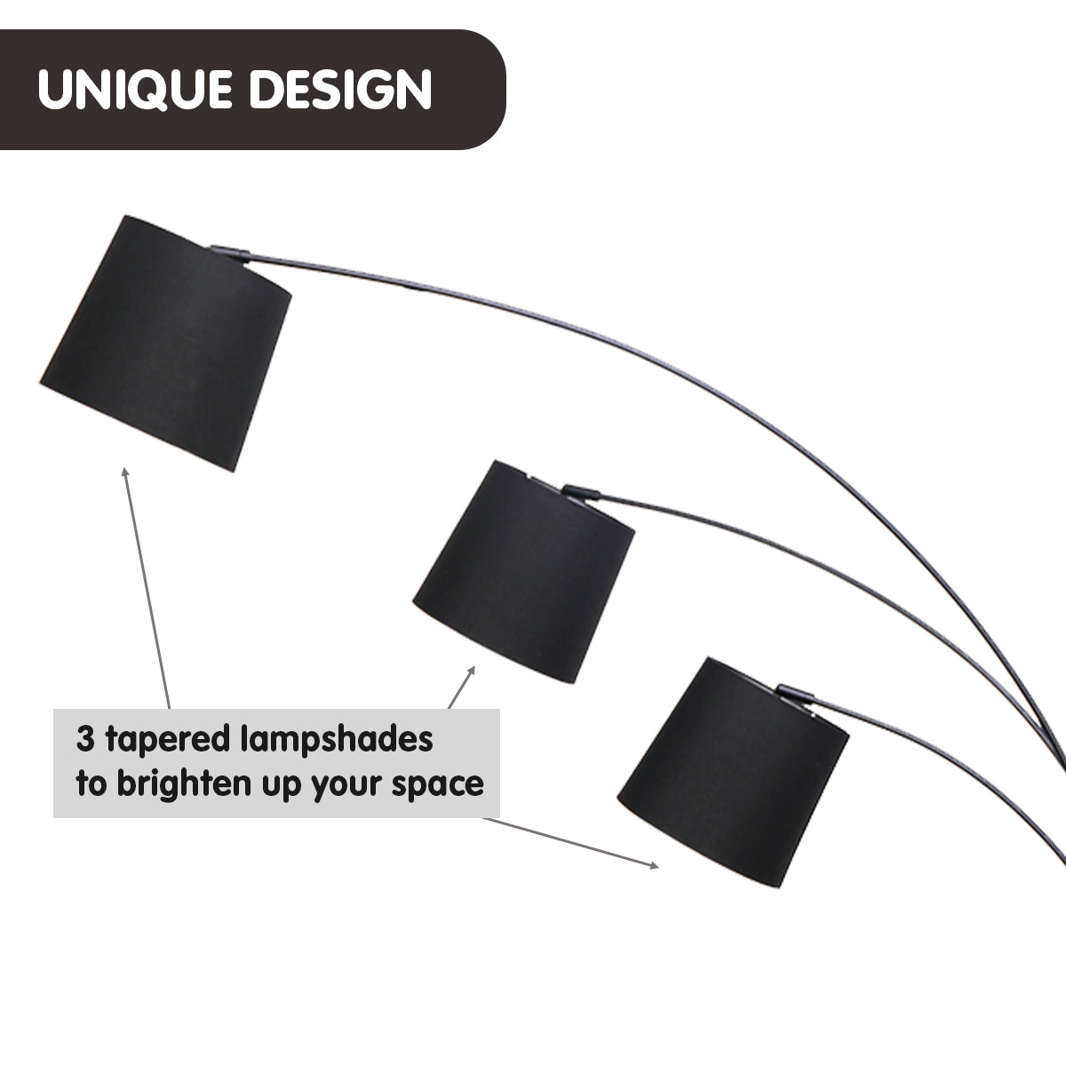 Sarantino 3-Light Arc Floor Lamp Adjustable Black 3 Shades