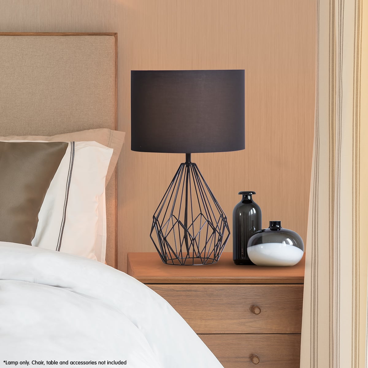 Sarantino Modern Black Metal Wire Table Lamp with Black Drum Shade Geometric Bedside Desk Lamp for Living Room