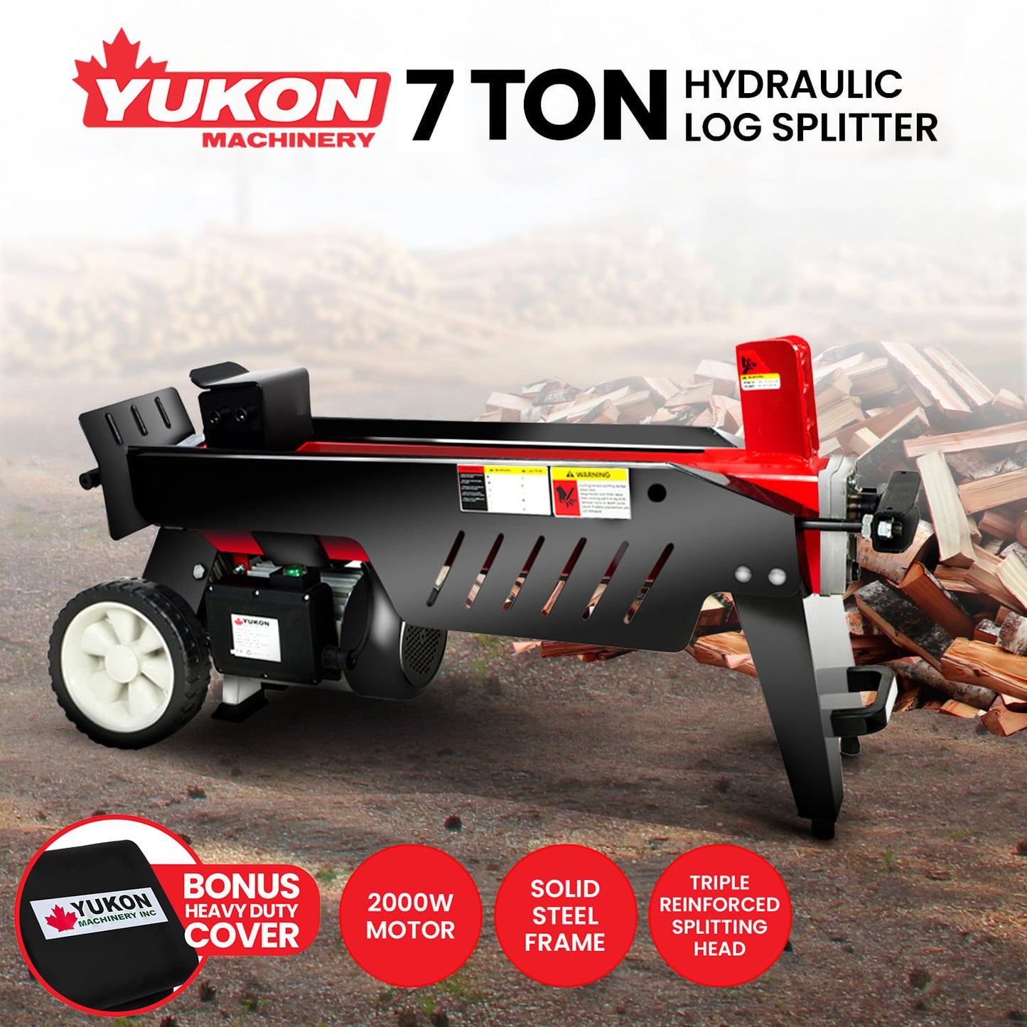 Yukon 7 Tonne 2000W Electric Hydraulic Log Splitter Wood Cutter with Side Protectors