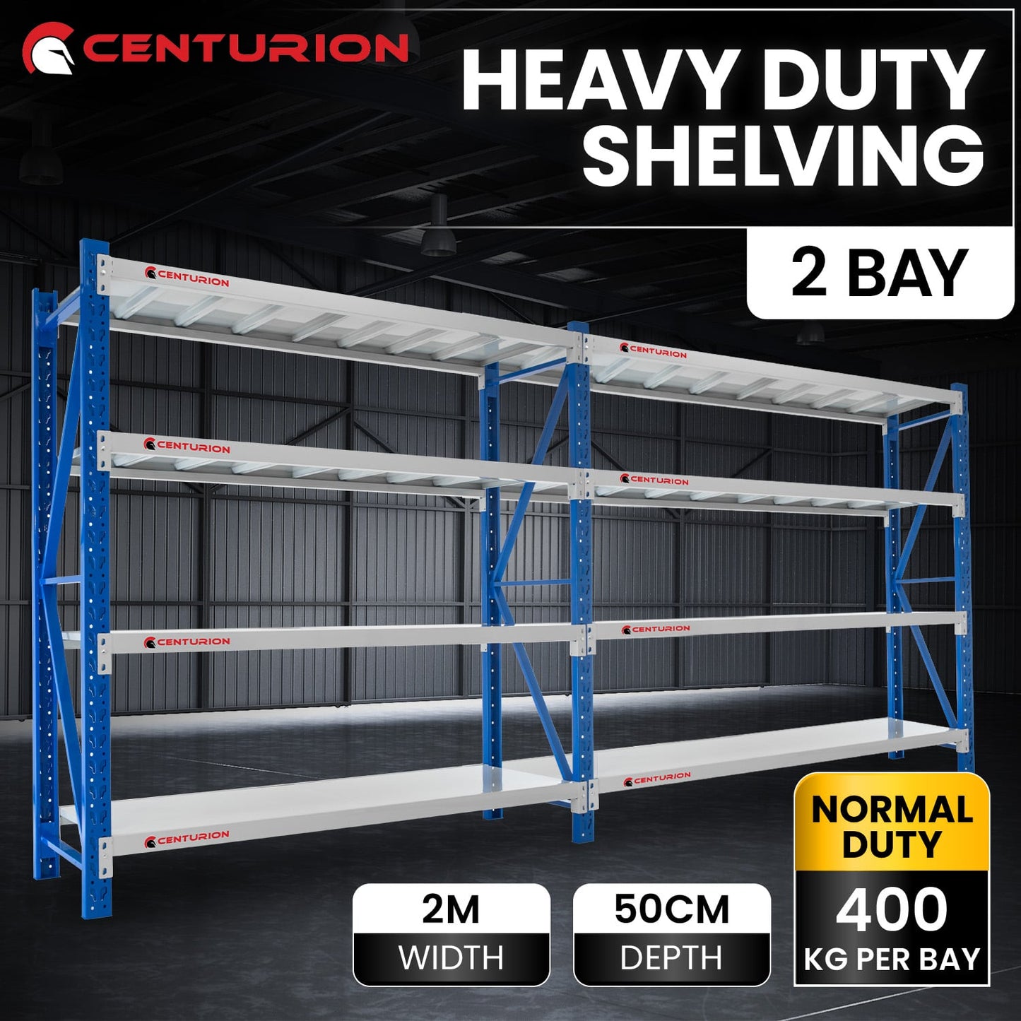 Centurion Standard 2 Bay Heavy-Duty All Steel Shelving 2.4m 800kg Rack