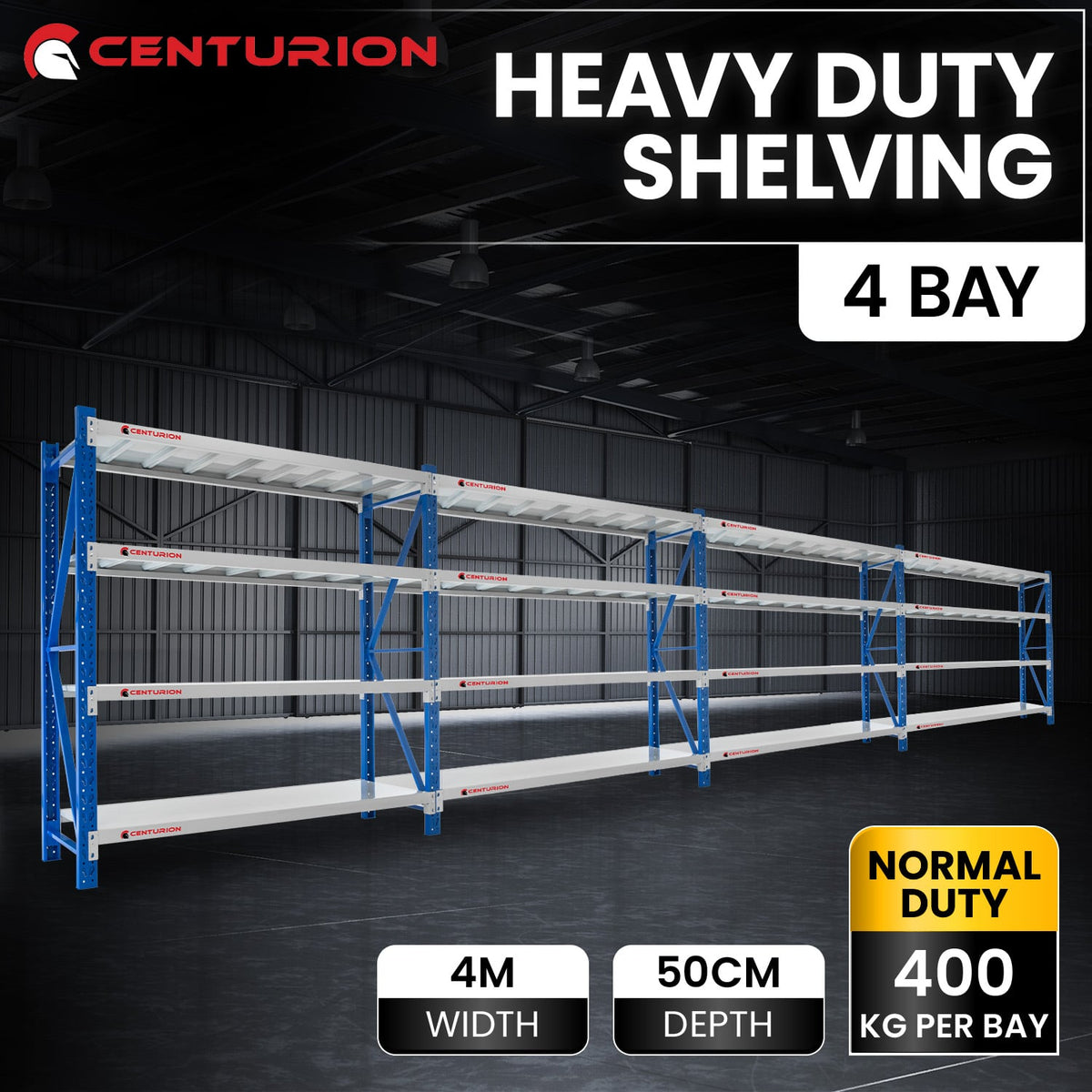 Centurion Standard 4 Bay Heavy-Duty All Steel Shelving 2.4m 1600kg Rack