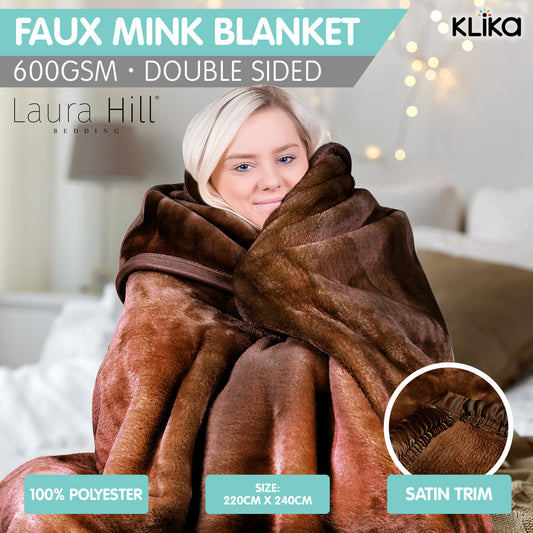 Laura Hill 600GSM Large Double-Sided Faux Mink Blanket - Chocolate