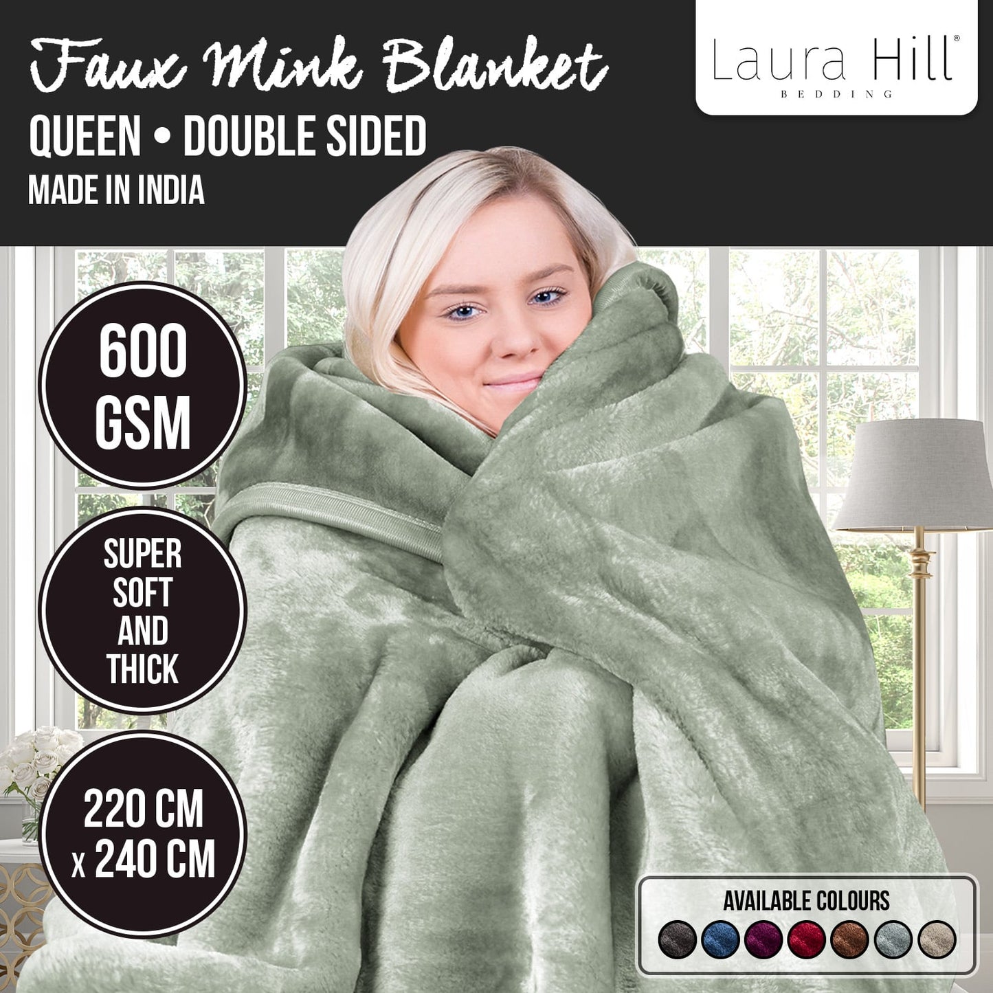 Laura Hill 600-GSM Mink Blanket Queen Size Double-Sided Soft Plush Bed Faux Throw Rug Wine Sage