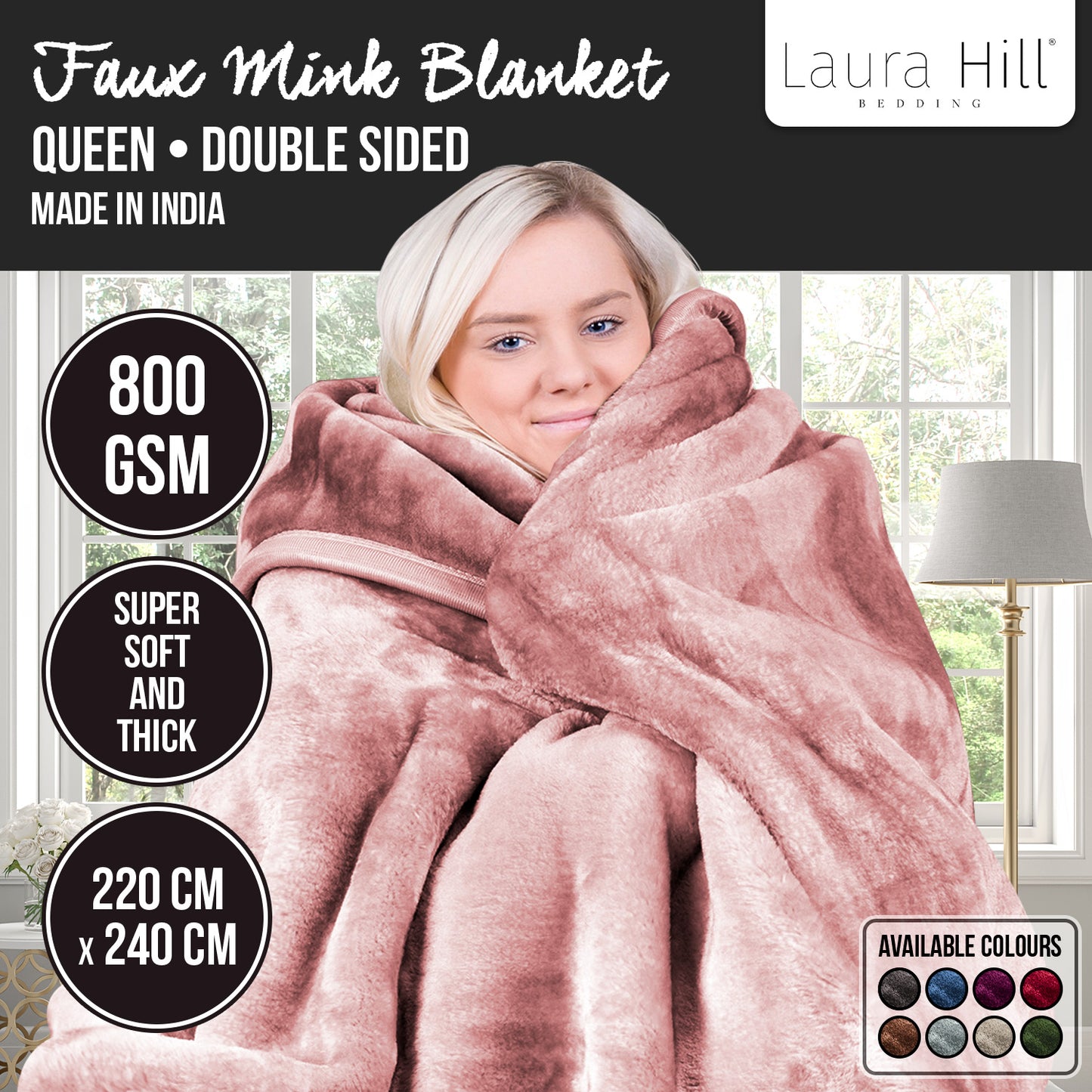 Laura Hill 800-GSM Mink Blanket Queen Size Double-Sided Soft Plush Bed Faux Throw Rug Pink
