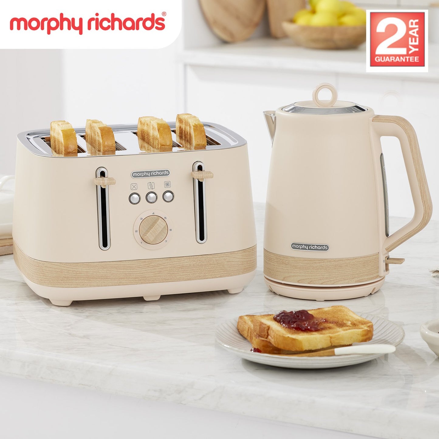 Morphy Richards Essence Scandi Kettle & Toaster Set with 1.7L Kettle 360 Swivel Base Deep Slots & Browning Control