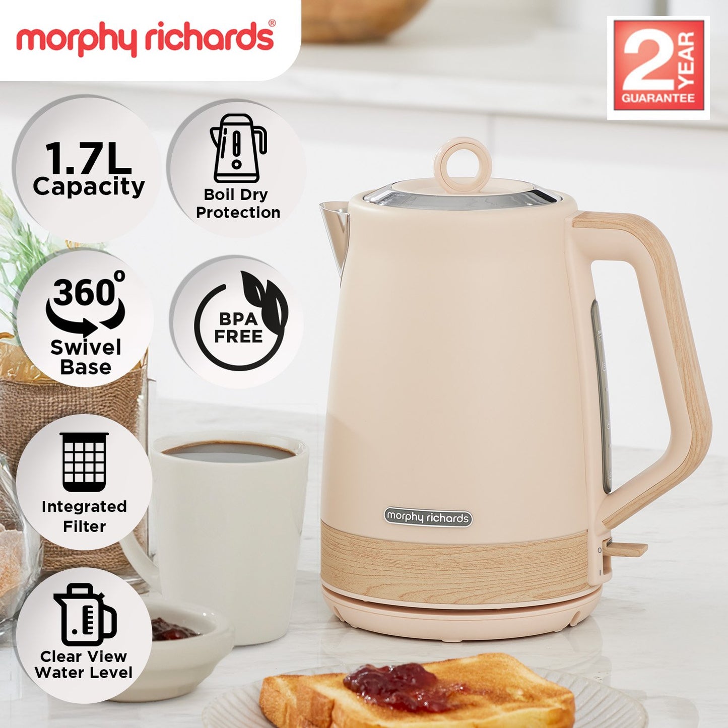 Morphy Richards Essence Scandi Kettle & Toaster Set with 1.7L Kettle 360 Swivel Base Deep Slots & Browning Control