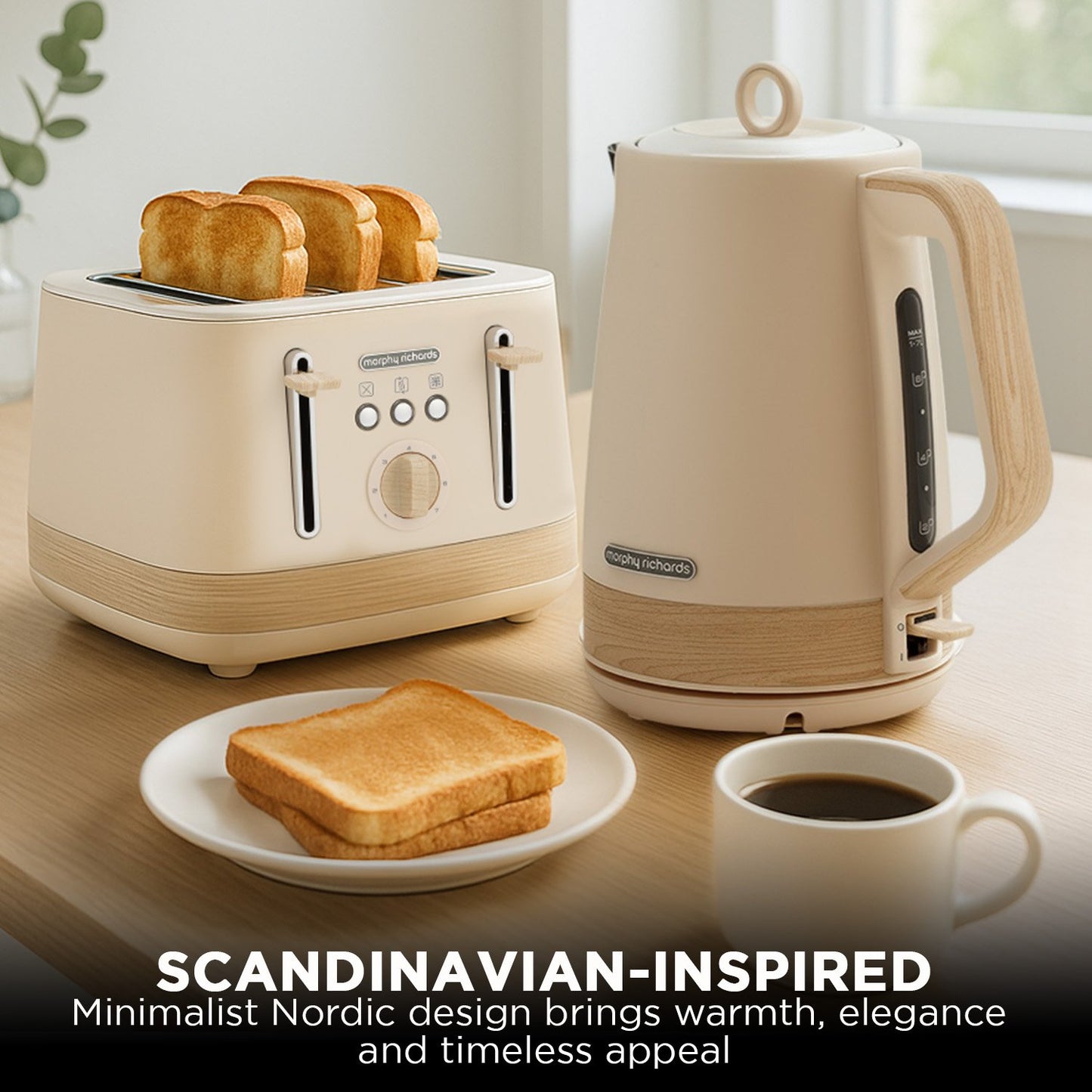 Morphy Richards Essence Scandi Kettle & Toaster Set with 1.7L Kettle 360 Swivel Base Deep Slots & Browning Control