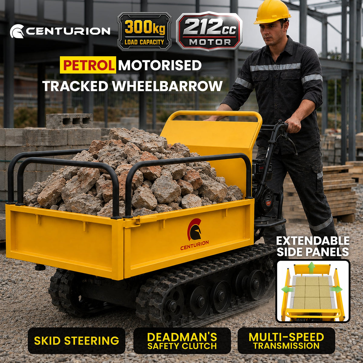 Centurion Petrol Tracked Wheelbarrow Dumper 212cc 7HP with Extendable Steel Hopper