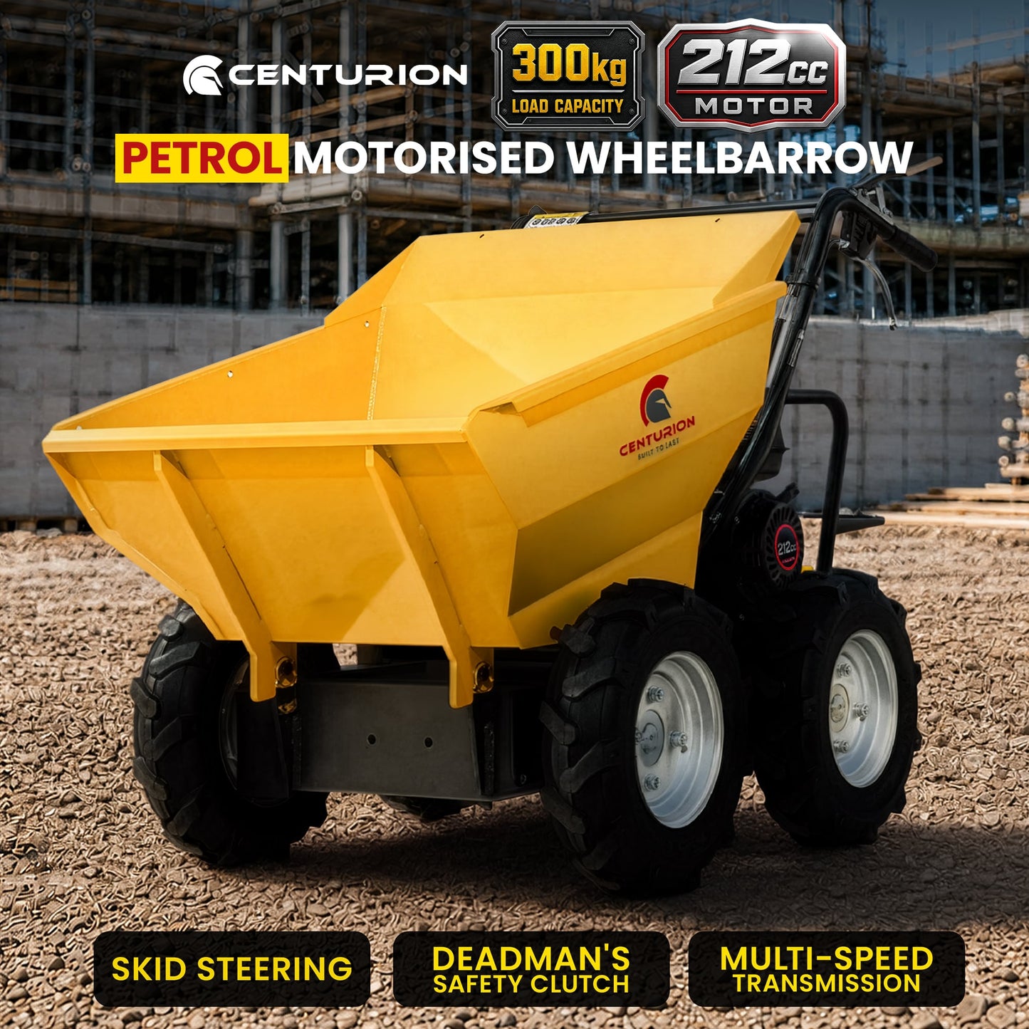 Centurion 300kg Petrol Motorised Wheelbarrow 4WD 212cc 7HP Dump Cart