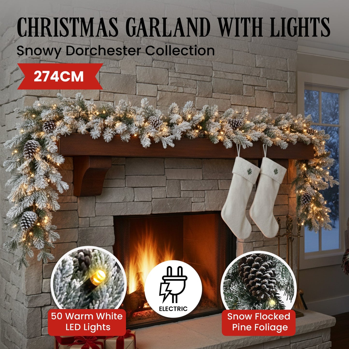 Christabelle 2.7m Christmas Garland Snowy with Lights Dorchester Tree Decoration Ornament
