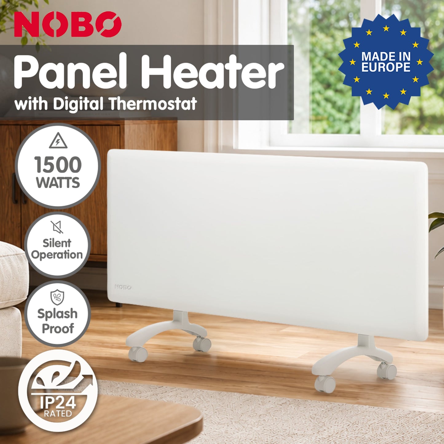 Nobo 1500W NTL4S15-FS40 Electric Panel Heater Thermostat & Castors