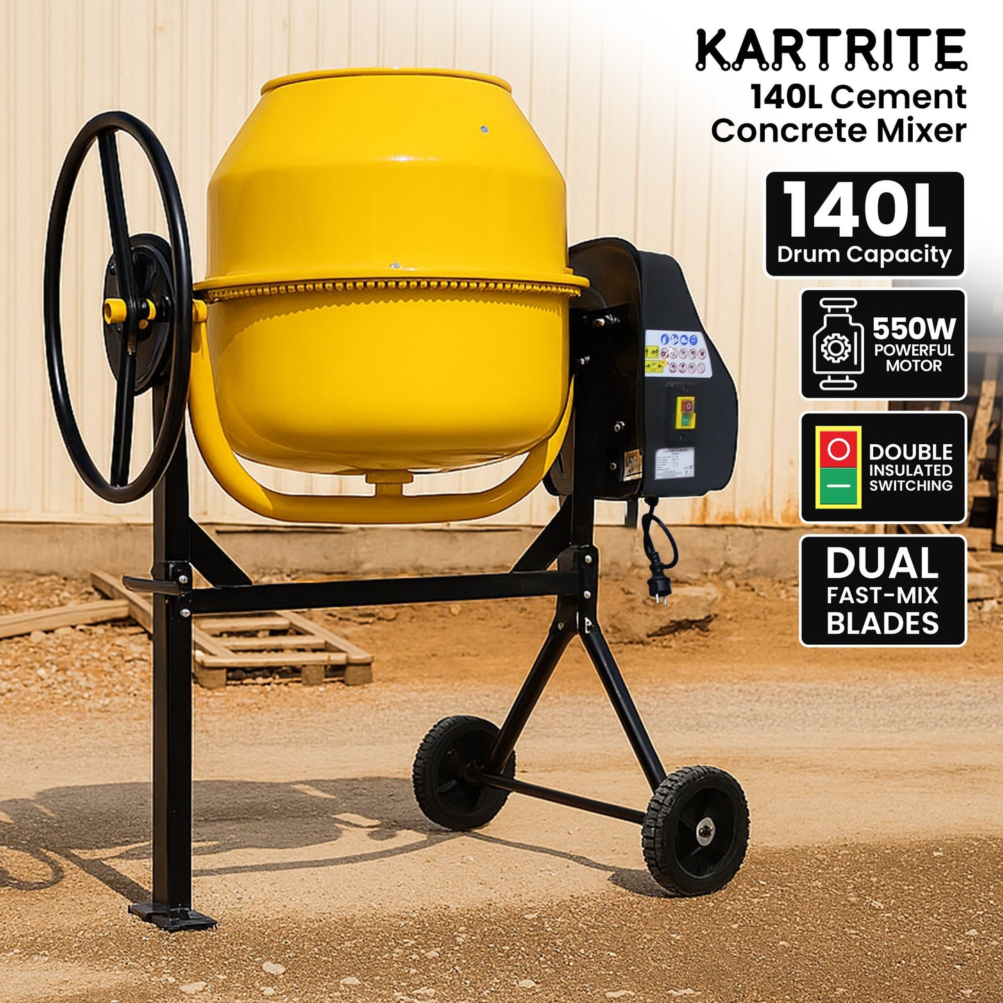 Kartrite Portable 140L Concrete Cement Mixer Sand Gravel Dual Mix Blades & Tipper Lock 550W Heavy Duty Rubber Wheels