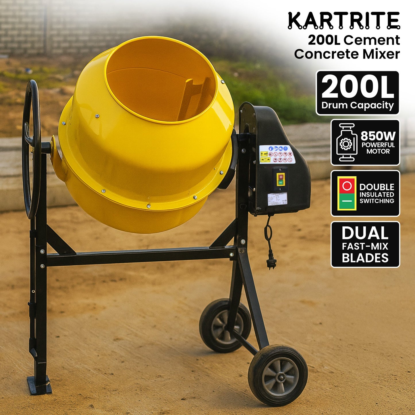 Kartrite Portable 200L Concrete Cement Mixer Sand Gravel Dual Mix Blades & Tipper Lock 850W Heavy Duty Rubber Wheels