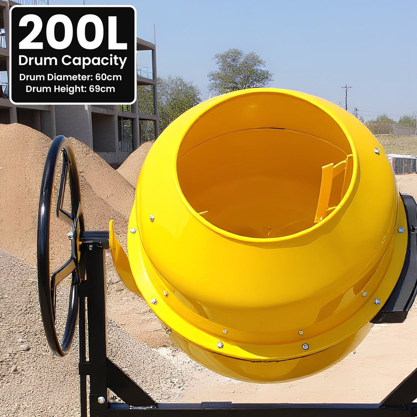 Kartrite Portable 200L Concrete Cement Mixer Sand Gravel Dual Mix Blades & Tipper Lock 850W Heavy Duty Rubber Wheels