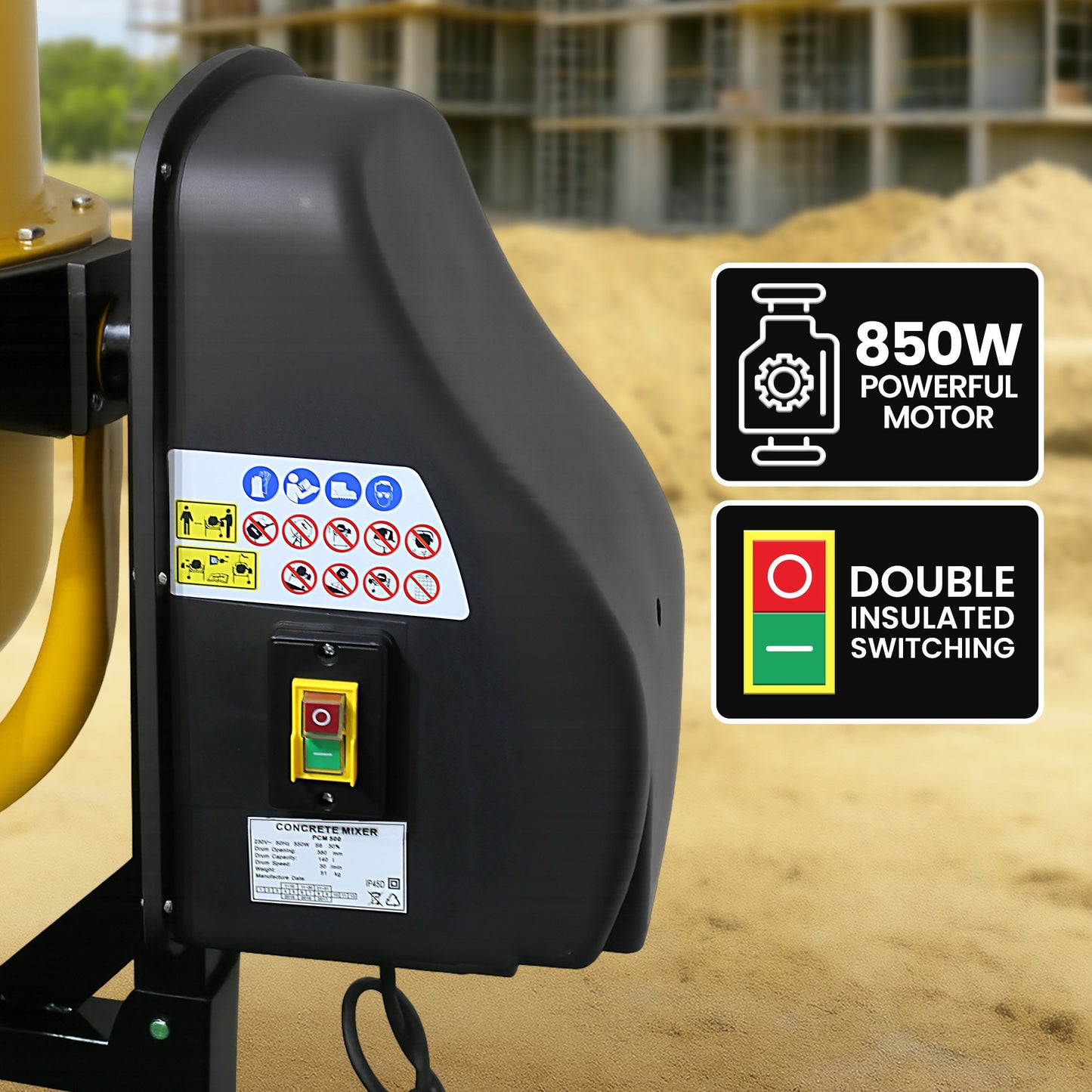 Kartrite Portable 200L Concrete Cement Mixer Sand Gravel Dual Mix Blades & Tipper Lock 850W Heavy Duty Rubber Wheels