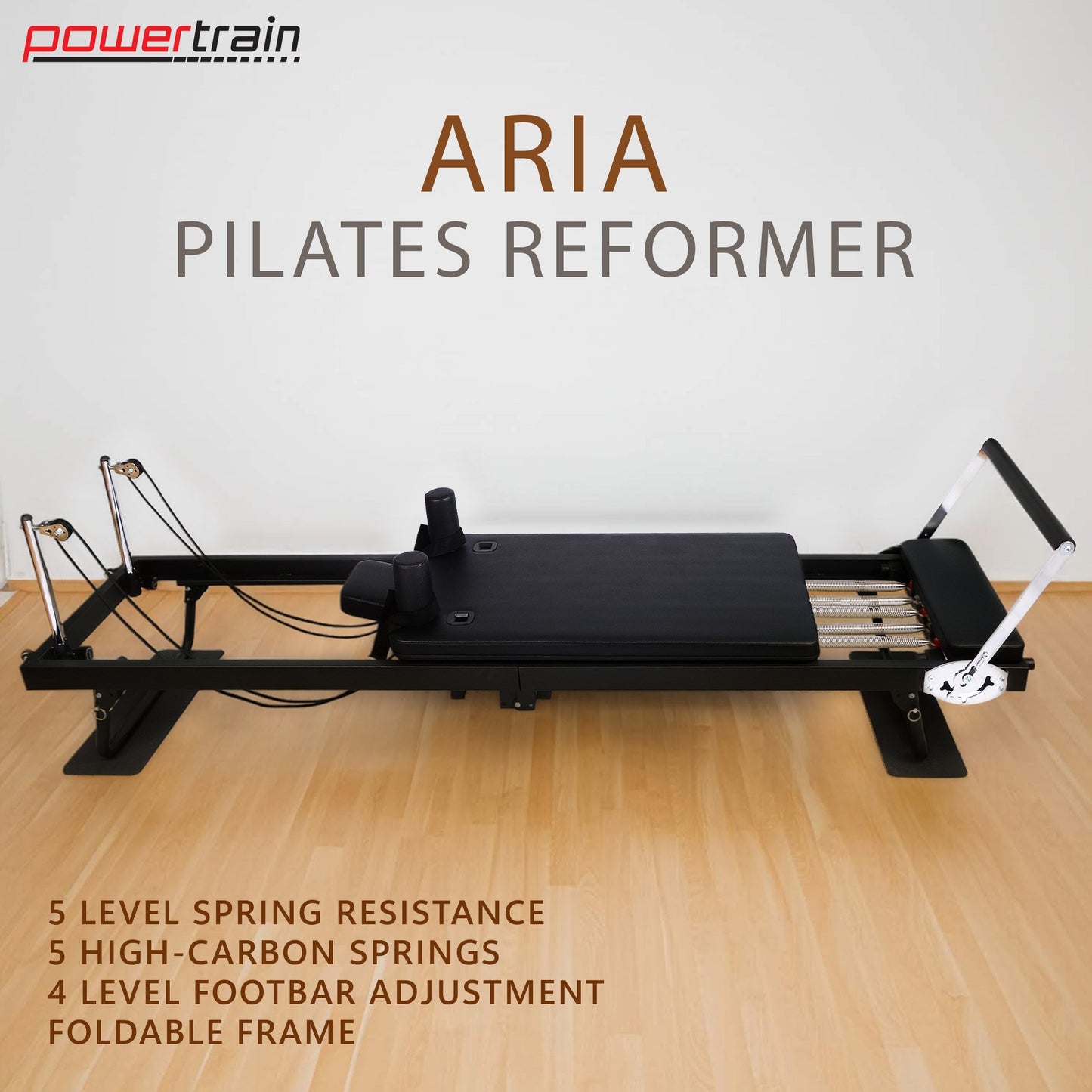 Powertrain Aria Pilates Reformer Machine Steel Foldable Home Gym Equipment Exercise Trainer Black