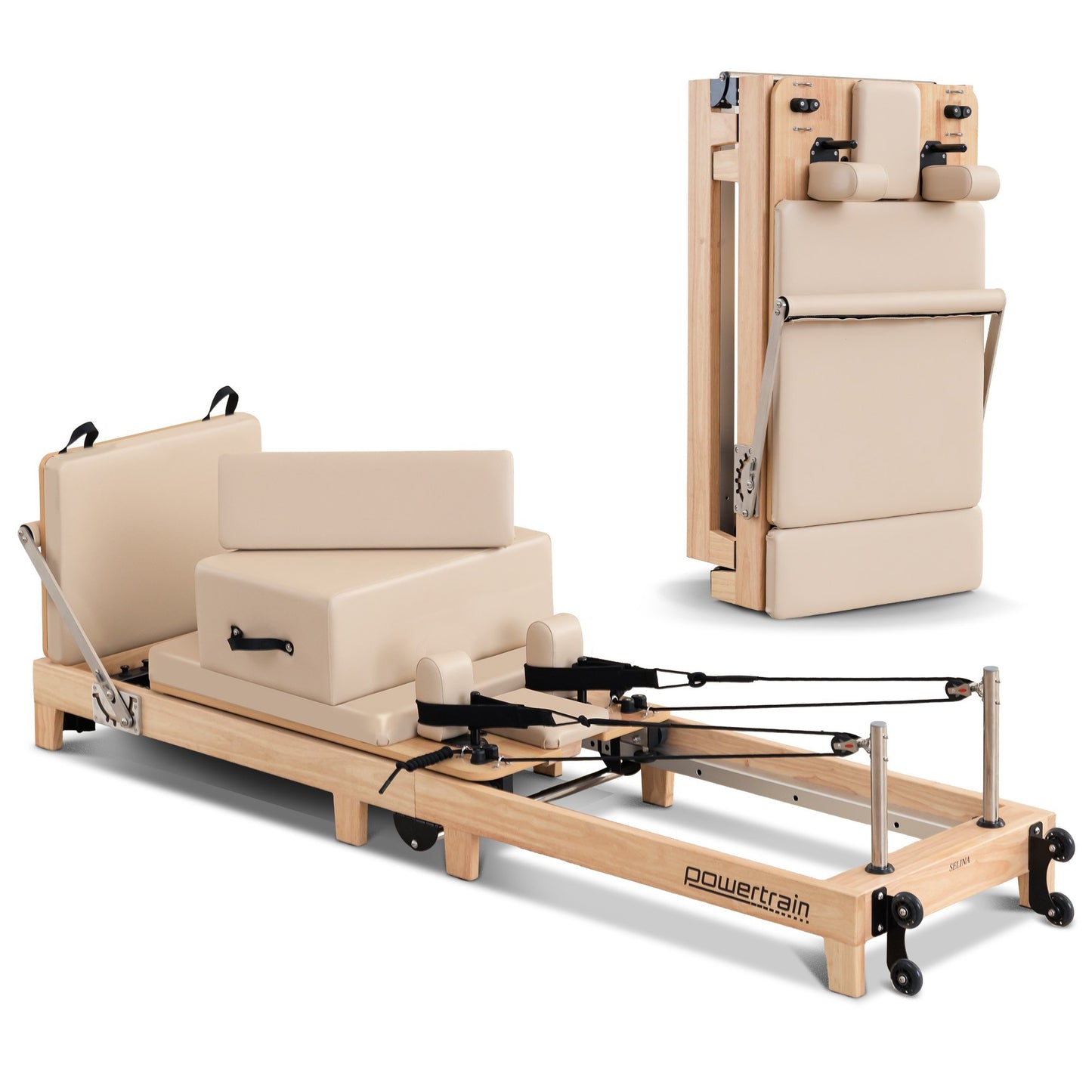 Powertrain Fitness Selina Folding Wooden Pilates Reformer in Beige with Jumpboard & Sitting Box Oak Home Gym Equipment